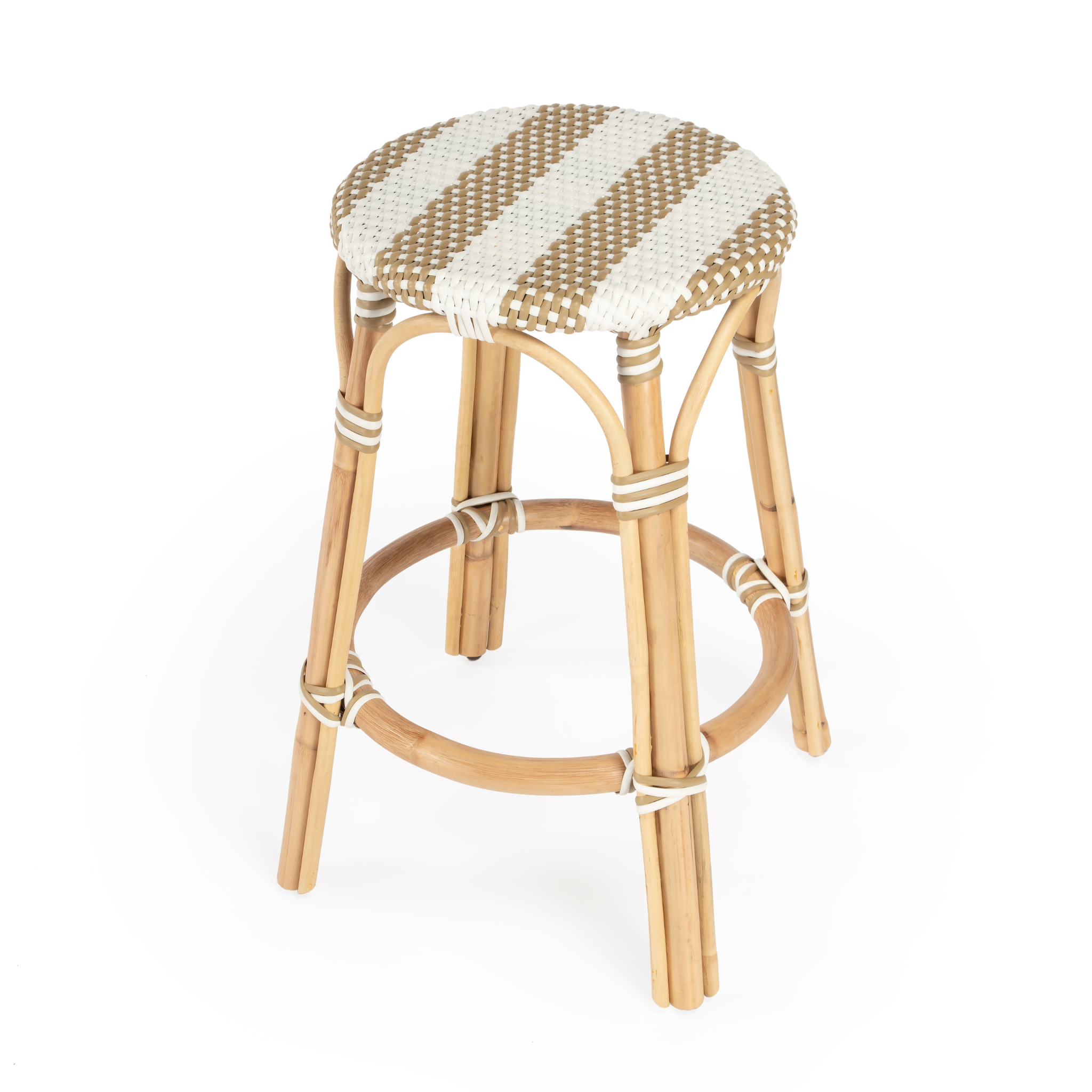 Beige and White Striped Rattan Frame Counter Stool - 24