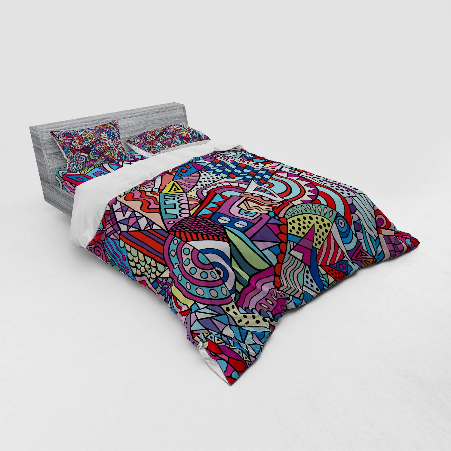Ambesonne Psychedelic Duvet Cover Set - Queen Size 4-Piece Bedding with Shams & Fitted Sheet | Vibrant 90s Stained Glass Style Triangle Squares Modern Art Print | Perfect for Bohemian Bedrooms, Dorm Decor & Hippie Themed Rooms