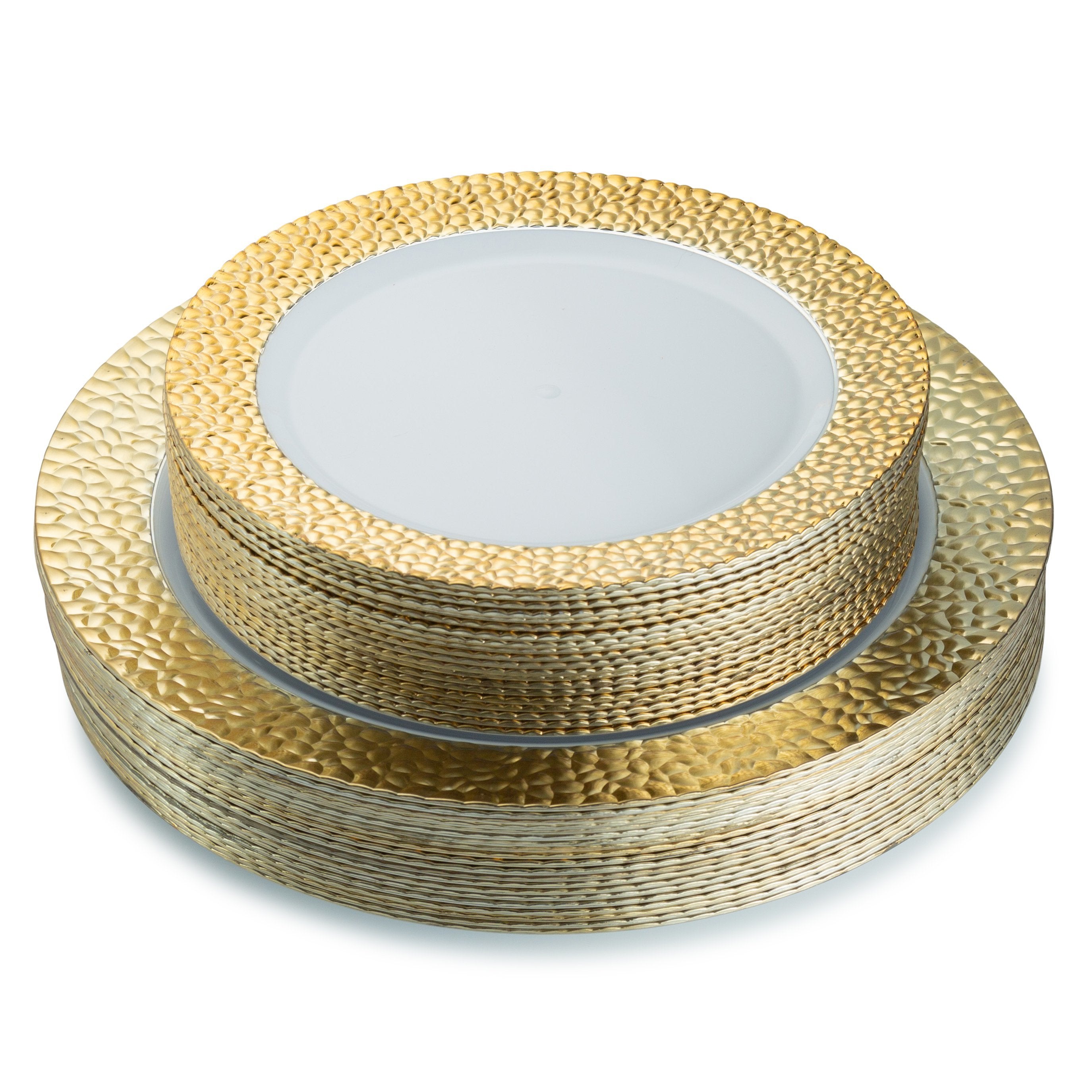 40-Piece White & Gold Round Plastic Dinnerware Set - Elegant Hammered Design for Parties, Weddings & Outdoor Events