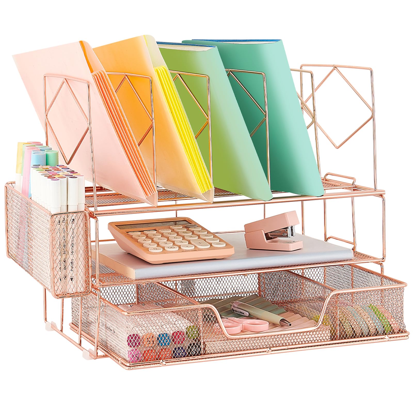 Youbetia Rose Gold Desk Organizer with Drawer - Office Supplies for File Organization, Double Tray & 5 Upright Sections - Perfect for Home Office, Workspace & School Organization Accessories