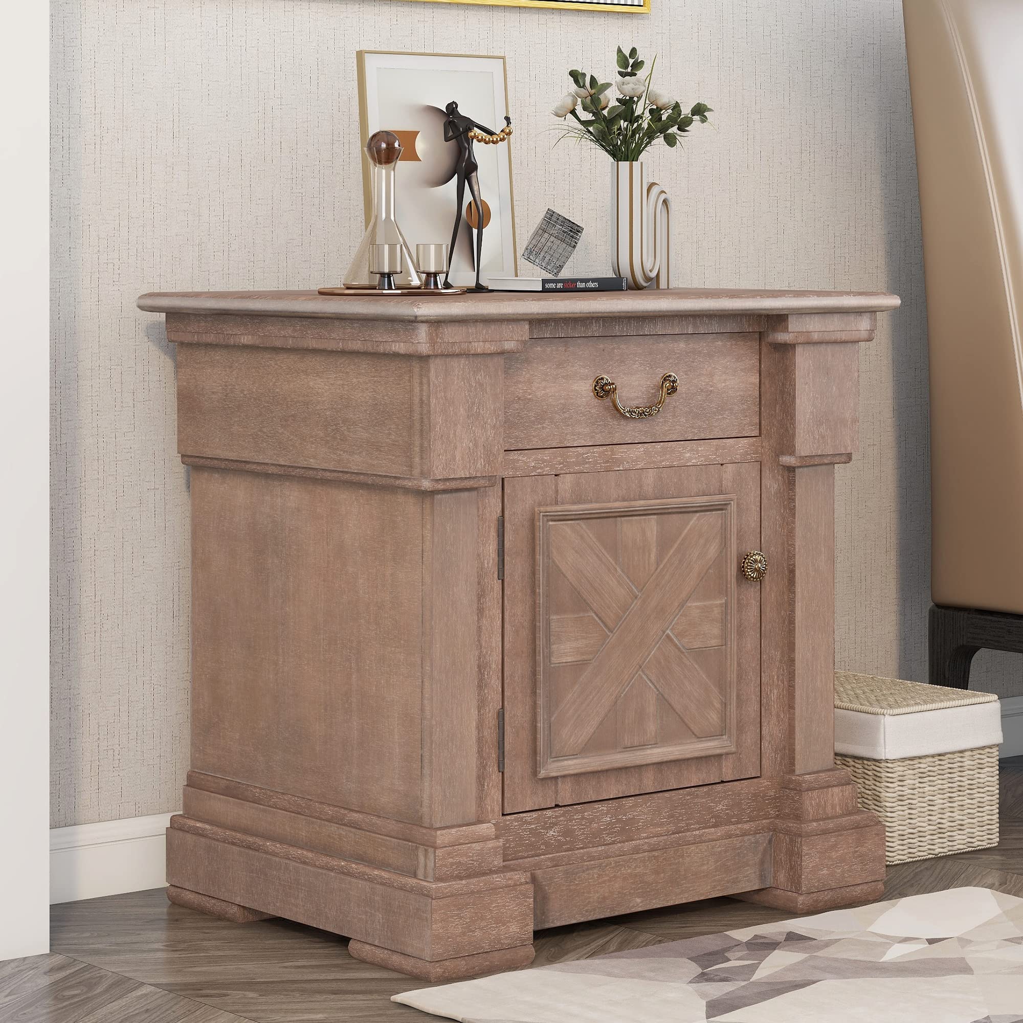 Merax Nightstand with Drawer & Cabinet - Small Bedside End Table with USB Charging Ports - Compact Dresser for Bedroom & Living Room - Brown Wood Nightstand (Perfect for Charging Devices & Storing Essentials)