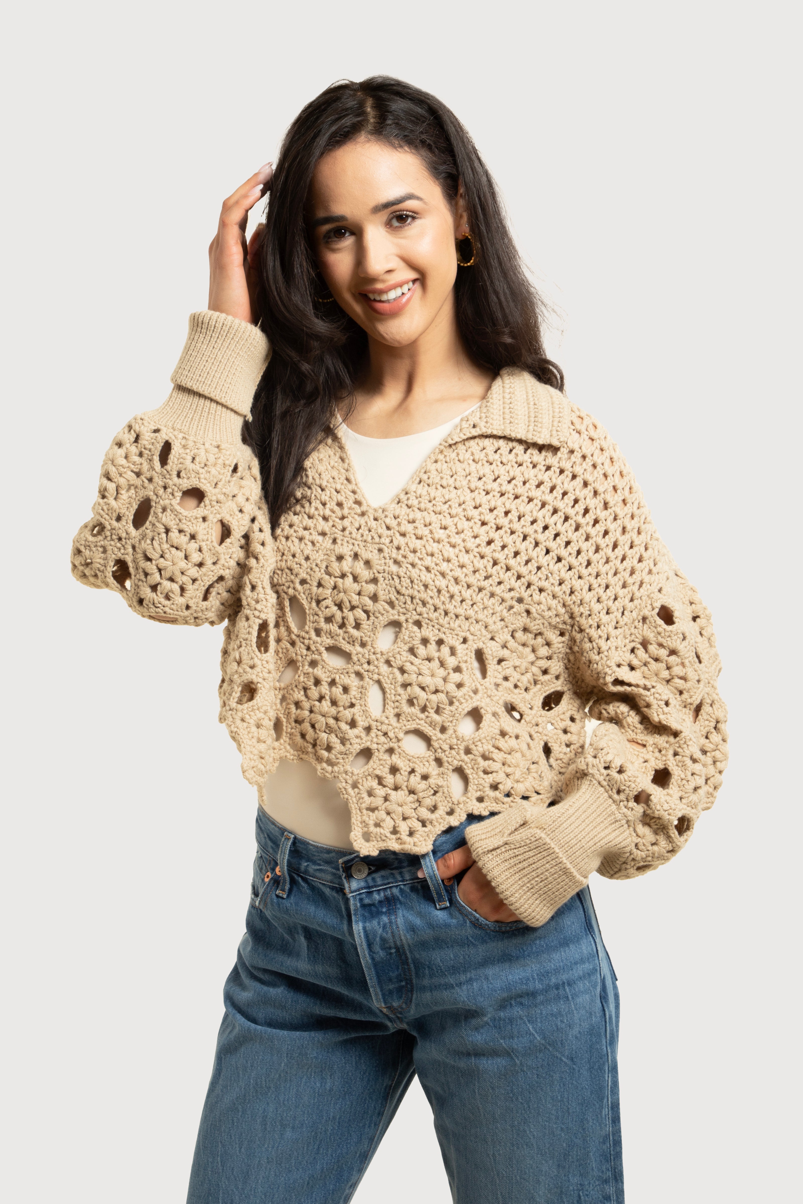 Floral Crochet Pullover Sweater for Women - Boho Chic Lace Knit Cardigan - Perfect for Spring & Summer Outfits, Beach Cover-Up, and Casual Wear