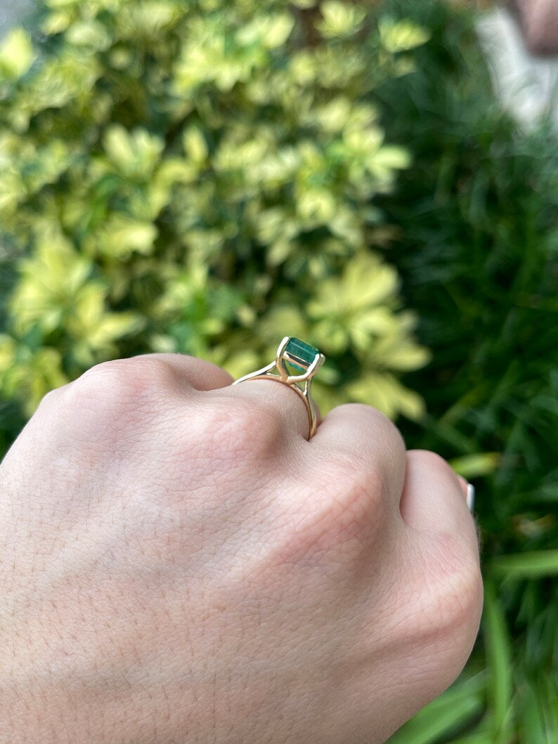 2.55ct 18K Natural Emerald Cut Bluish Green Medium Dark Green East to West Engagement Ring for Women - Vintage Inspired Wedding Band, Anniversary Gift, Proposal Jewelry for Her