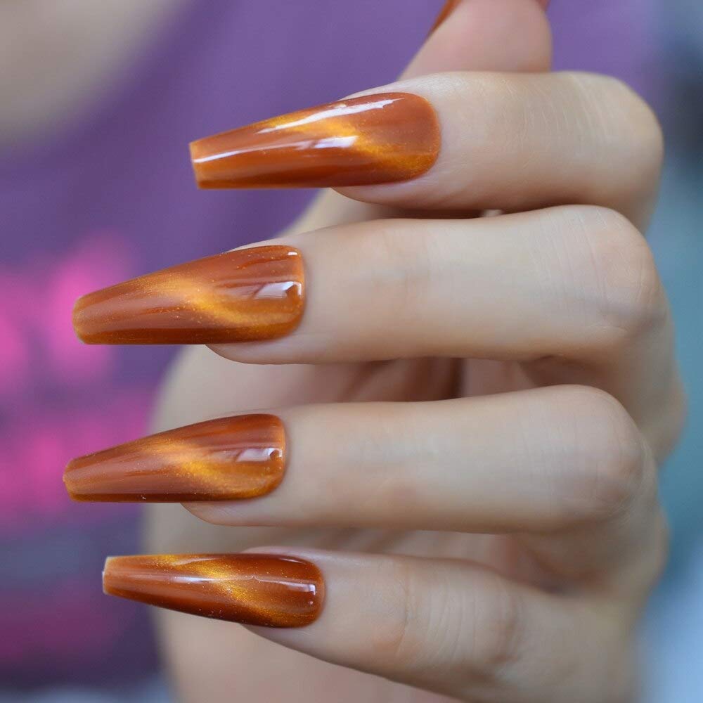 Glossy Handmade Cat Eye Extra Long Coffin False Nails - Dark Orange Press On Nails 20pcs Set - Flat Ballerina Fake Nails for Salon, Manicure & Party Wear