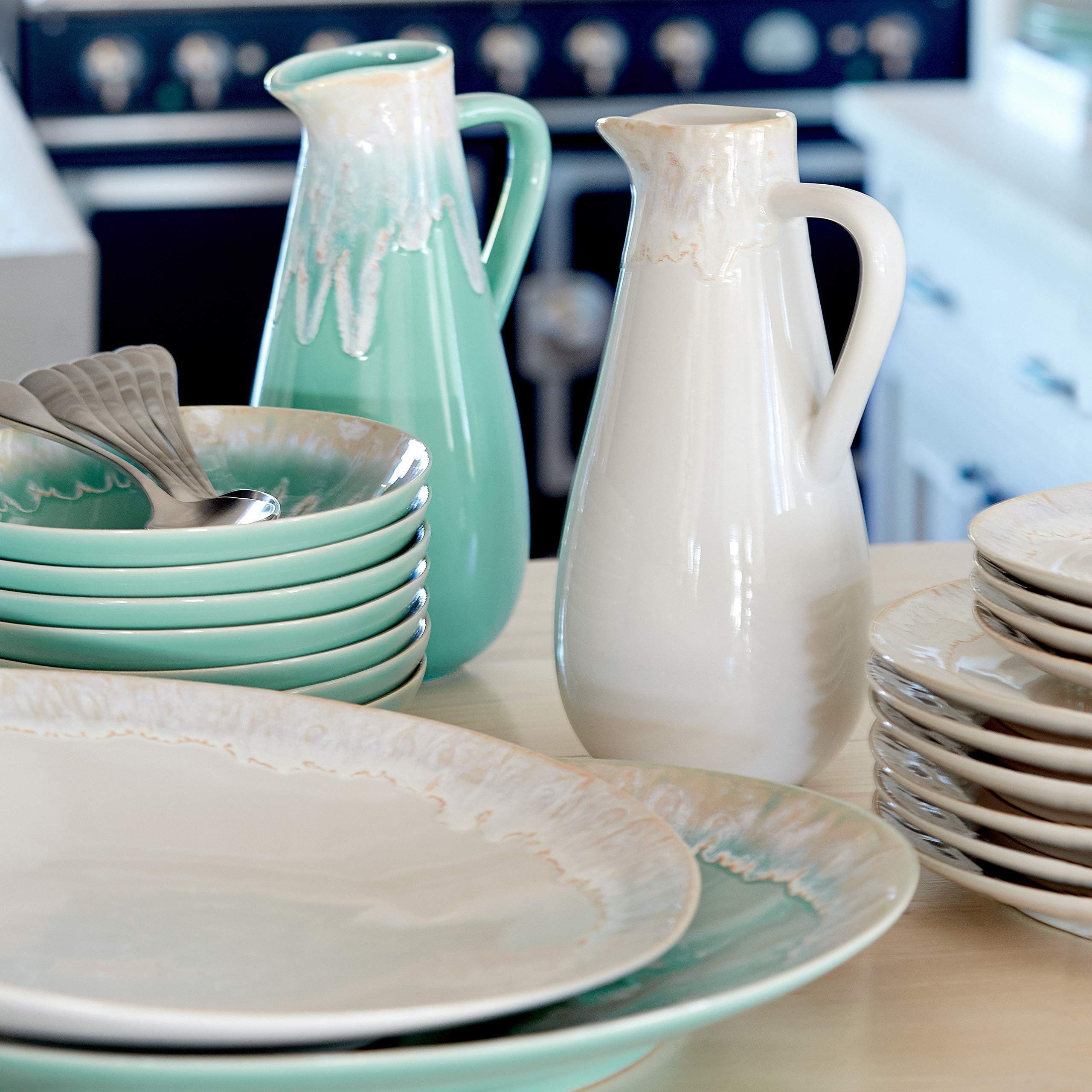 Casafina 56 oz Ceramic Pitcher - Taormina Collection, Aqua | Microwave & Dishwasher Safe Stoneware | Food Safe Glazing | Restaurant Quality Serveware for Iced Tea, Lemonade & Water | Elegant Home & Commercial Use