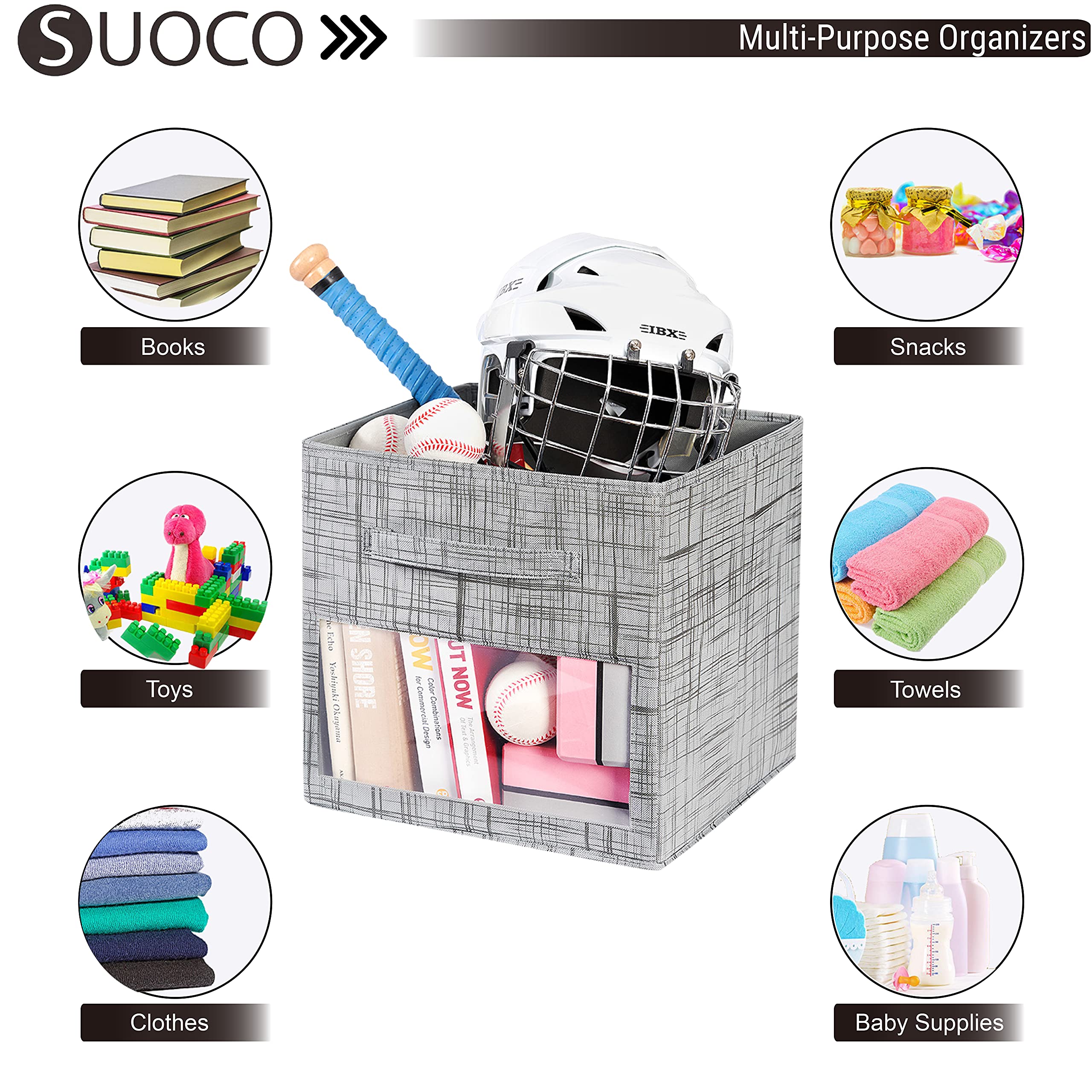 SUOCO 8-Pack Foldable Cube Storage Bins with Clear Window - Grey Fabric Baskets for Shelf, Closet, Nursery & Kids Room Organization | Perfect for Toy Storage, Book Shelving & Home Decor