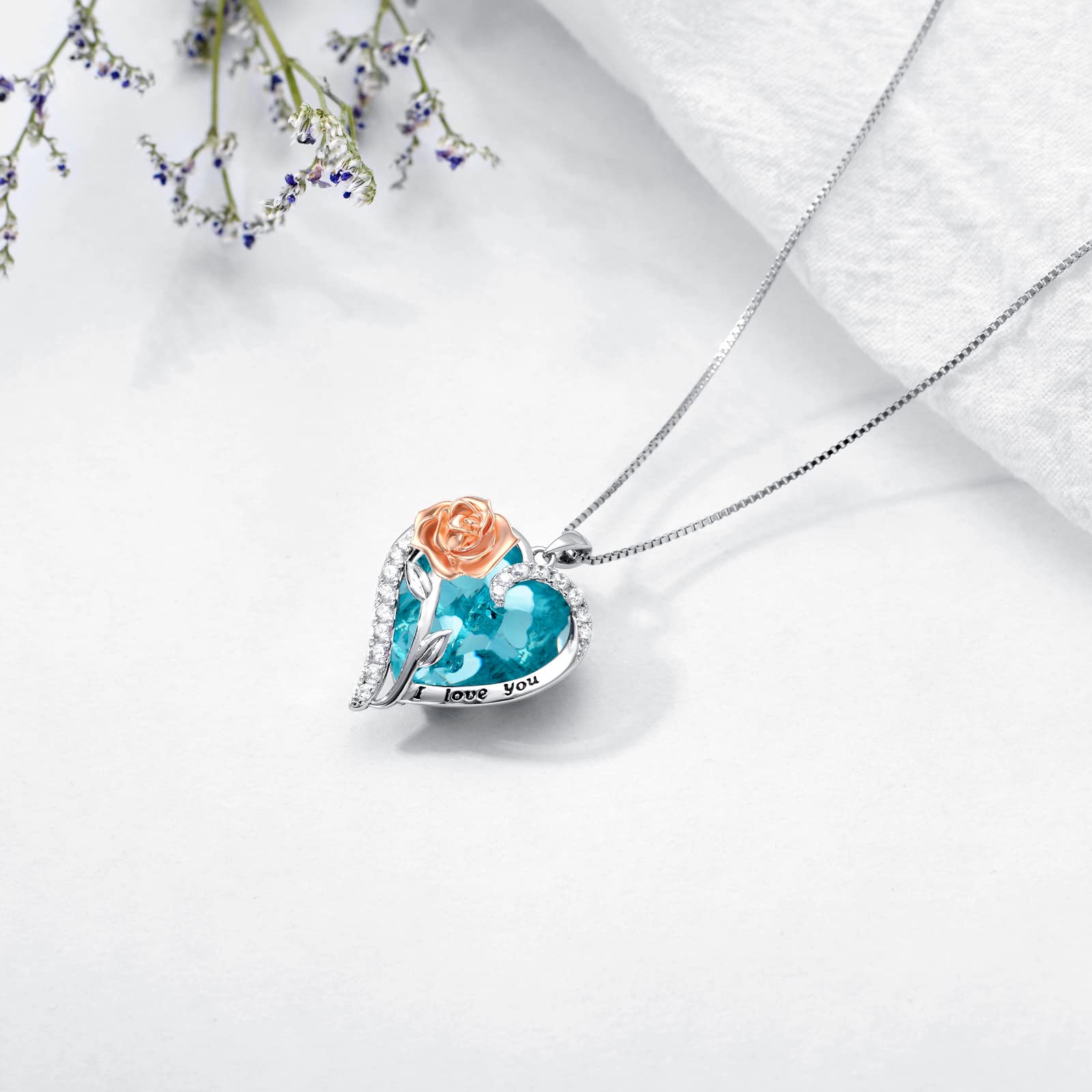 TOUPOP Rose Flower Necklace - 925 Sterling Silver Rose Crystal Pendant with Heart Birthstone, Valentines Day Gifts for Her, Wife, Girlfriend, Mom | Anniversary & Birthday Jewelry | Perfect for Romantic Dates, Proposals & Special Occasions