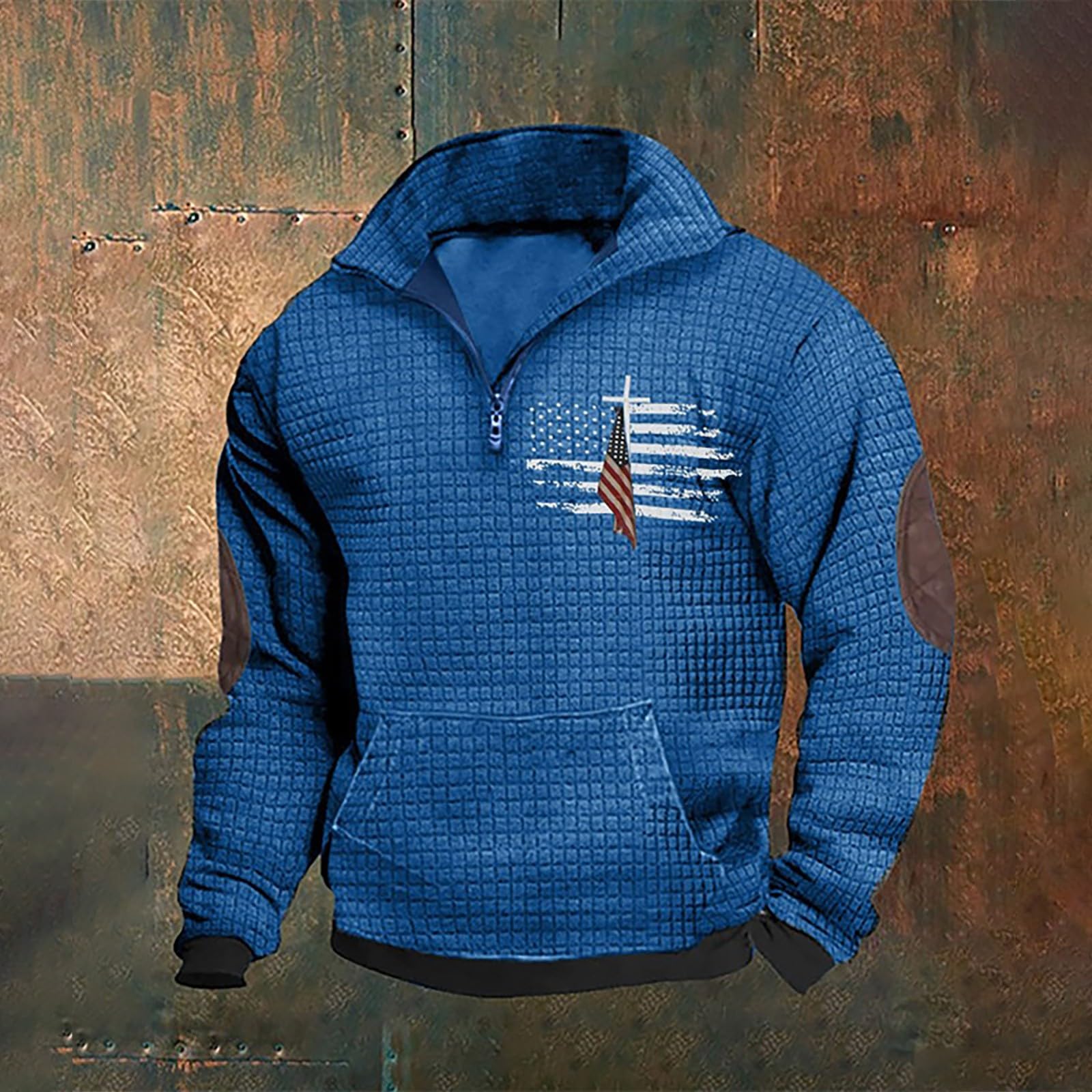 Men's Waffle Pullover Sweatshirt - USA Flag Cross Pattern Quarter Zip Hoodless Long Sleeve Casual Jogger Shirt | Stylish & Comfortable for Outdoor Activities, Gym Workouts & Everyday Wear