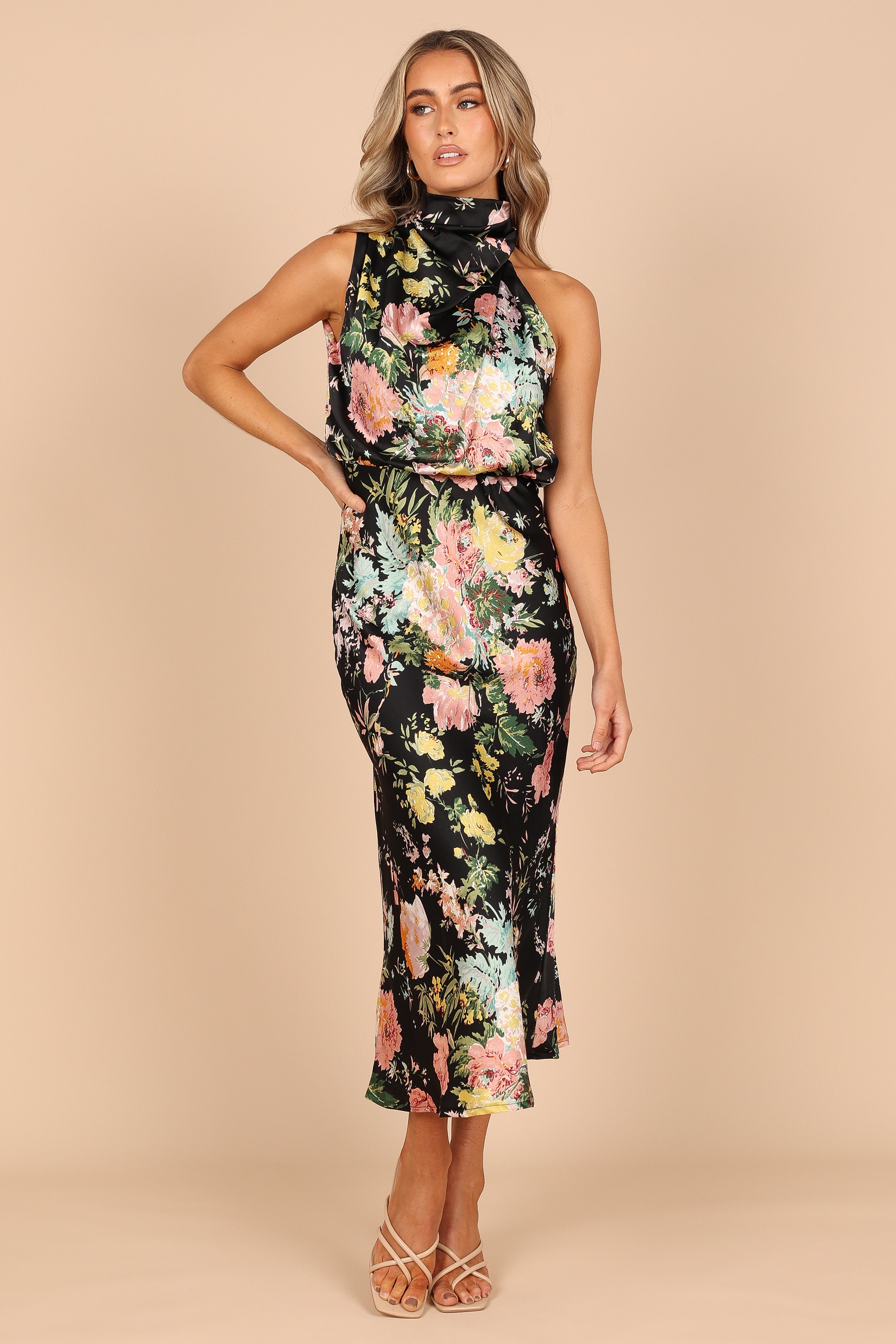 Anabelle Women's Halter Neck Midi Dress - Black Floral Print Summer Dress for Beach Vacation, Party & Evening Wear