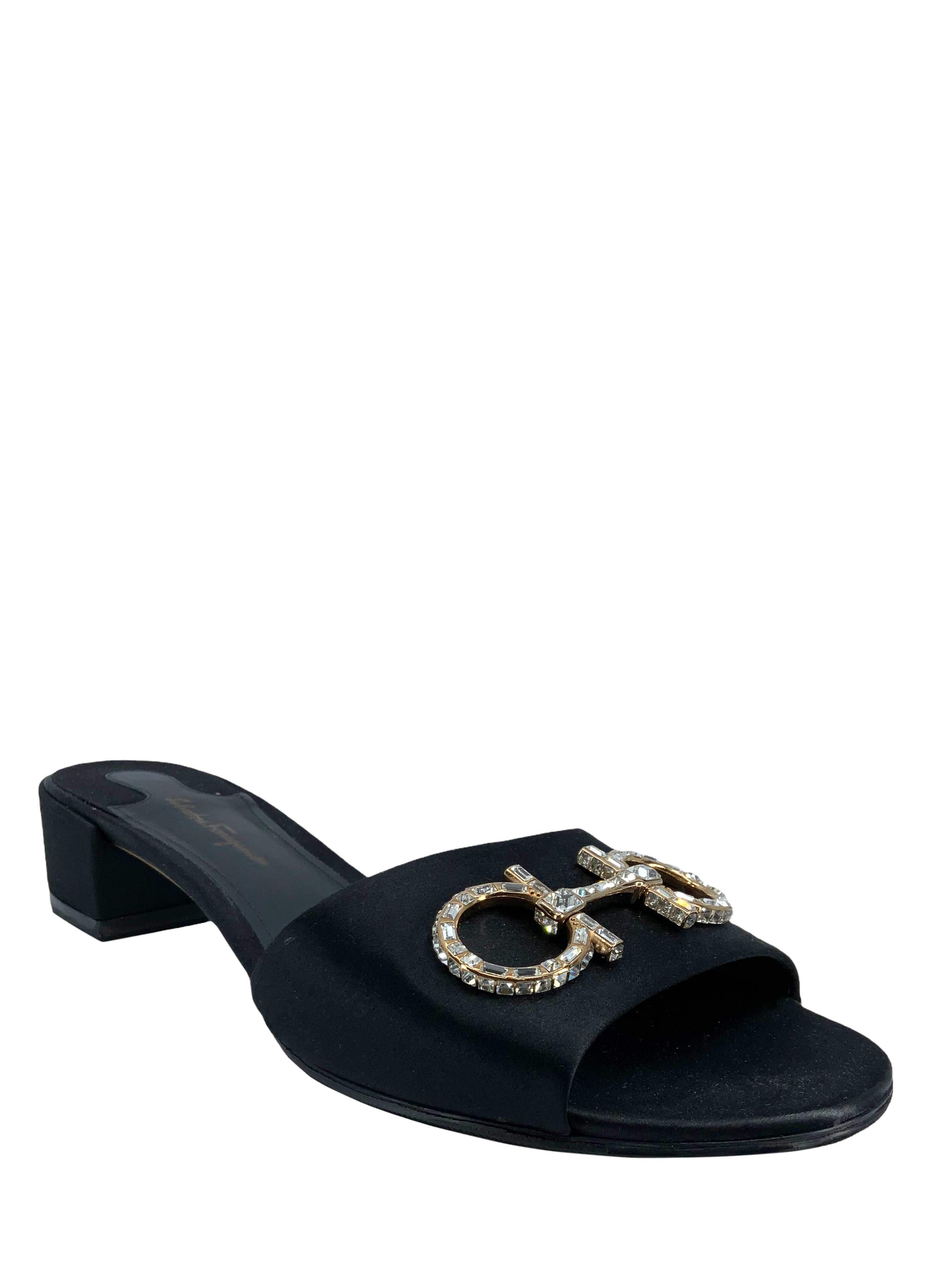 Salvatore Ferragamo Women's Size 10 Satin Slide Sandals with Swarovski Crystals | Luxury Designer Slides for Summer, Beach & Wedding Occasions