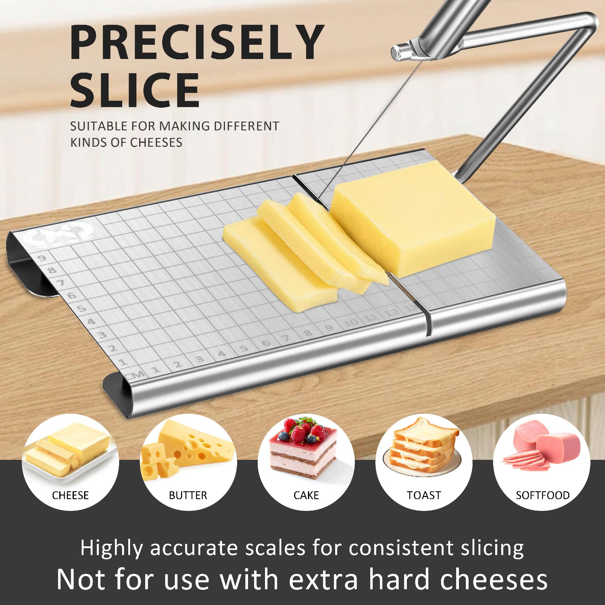Premium Stainless Steel Cheese Slicer with 5 Replacement Wires - Perfect for Block Cheese, Westmark Cheese, Thin Slices, Butter & Hams | Ideal for Kitchens, Delis, Charcuterie Boards & Cheese Platters