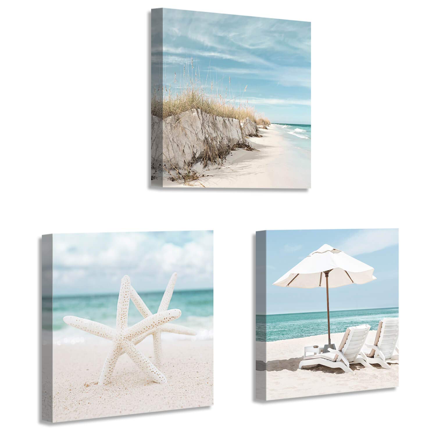 Coastal Canvas Wall Art Print - Starfish & Beach Chairs on Sand Artwork for Home Decor | 16x16 Inch Set of 3 | Perfect for Bedroom, Living Room, or Beach House Wall Decor