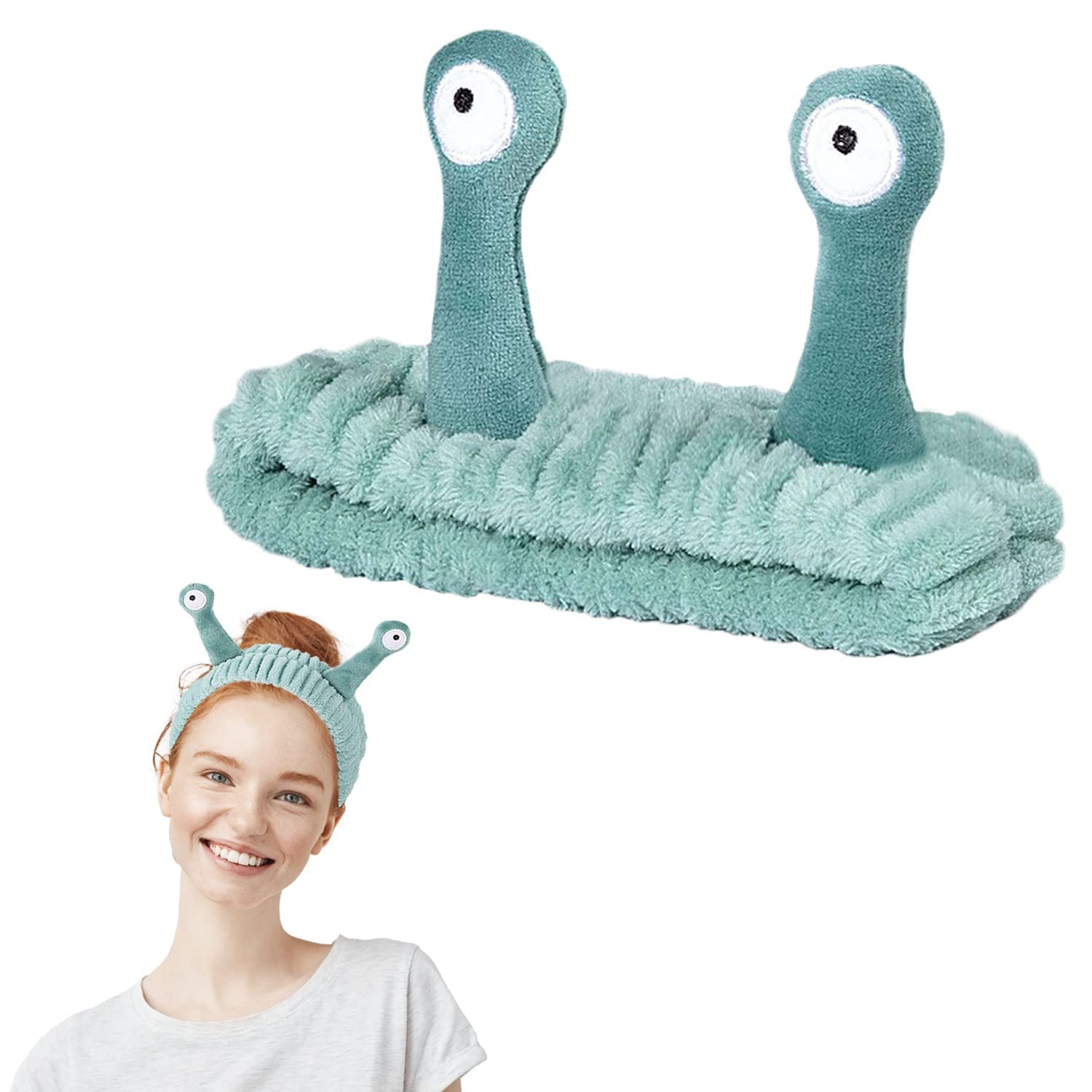 Cute Snail Headband for Washing Face - Soft Coral Fleece Skincare & Makeup Headband - Elastic Hair Band for Shower, Sports, Beauty Routine (Green) - Perfect for Spa, Skincare & Daily Use