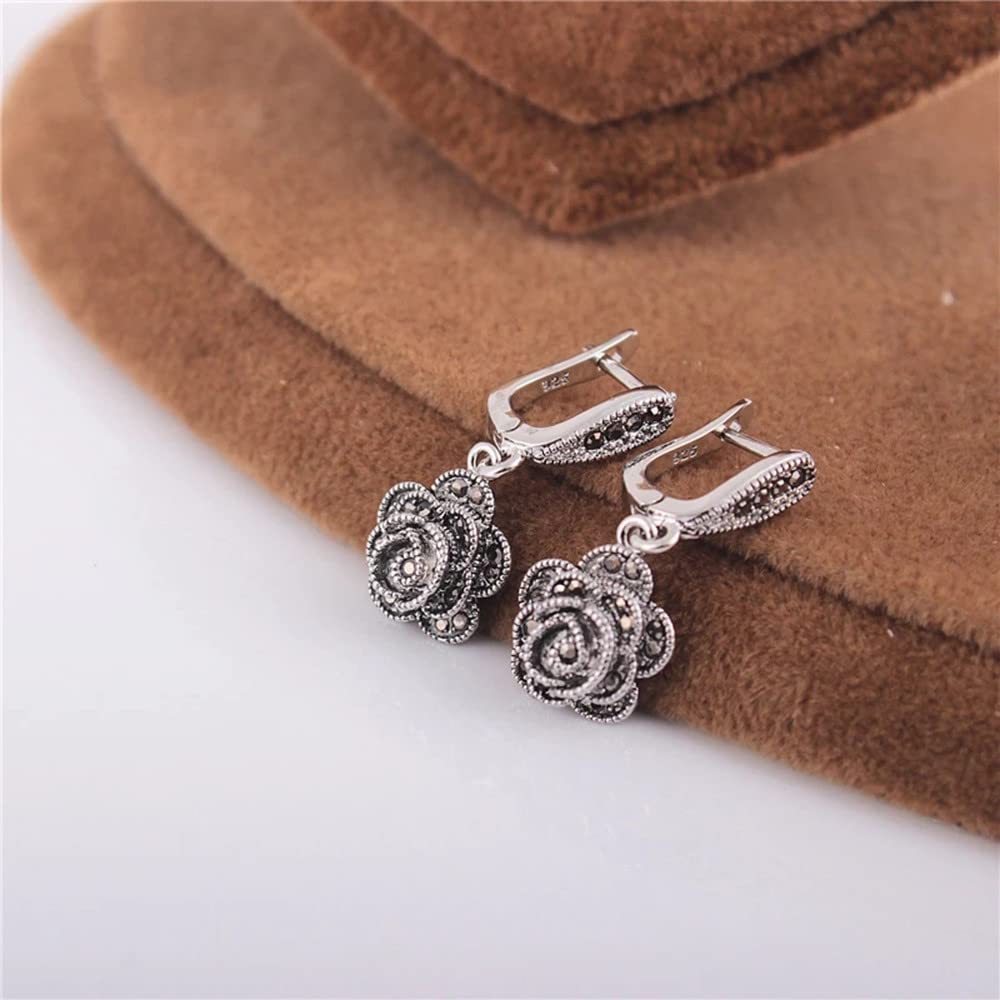 Vintage Black CZ Rose Flower Drop Earrings for Women - Elegant Dangle Jewelry for Party, Wedding & Evening Wear