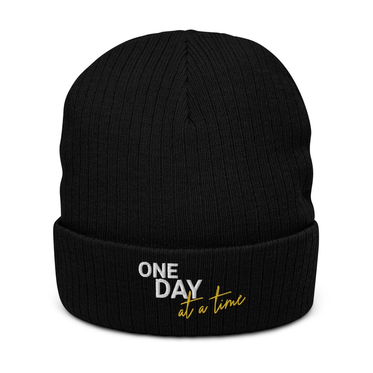 Sustainable 'One Day at a Time' Ribbed Knit Beanie - Eco-Friendly Winter Hat for Men & Women - Perfect for Outdoor Activities, Hiking, and Cold Weather Fashion