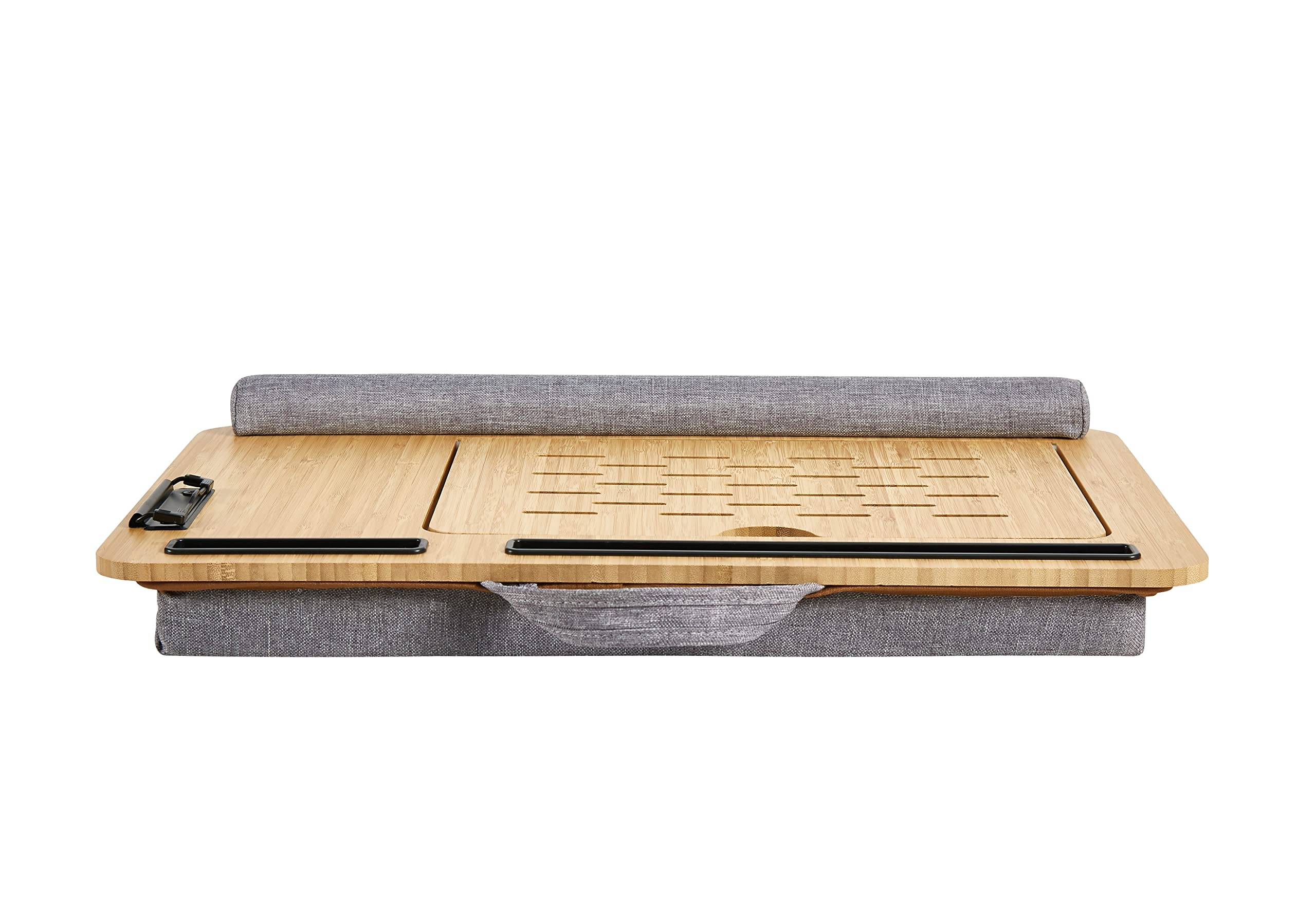 Adjustable Bamboo Laptop Lap Desk with Cushion & Wrist Pad - Portable Bed Tray Stand for Laptop, Notebook, Tablet - Features Clip & Media Slots (Natural Bamboo/Grey) - Perfect for Working in Bed, Couch, or Traveling