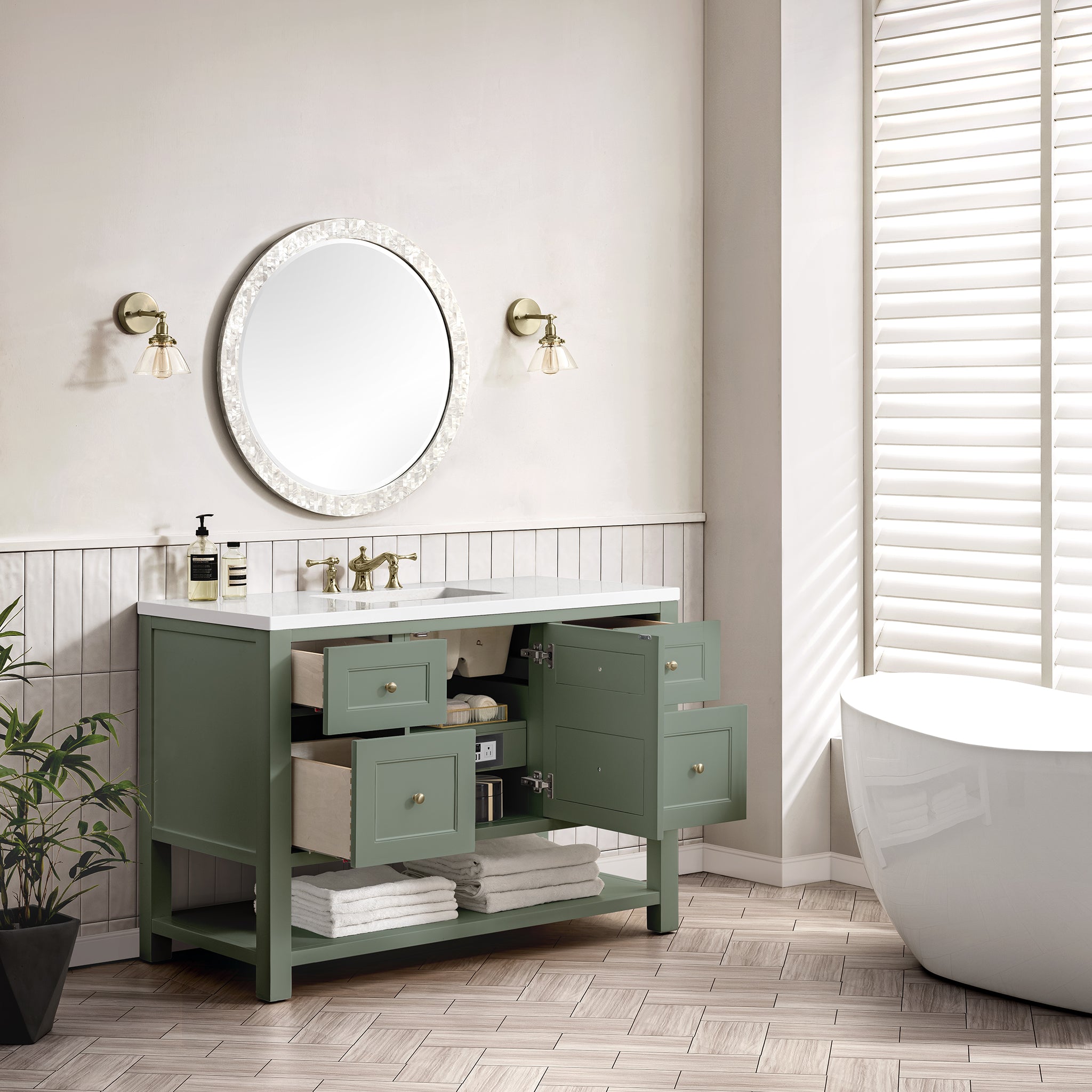 Breckenridge 48 Inch Single Bathroom Vanity with Smokey Celadon Finish & 3CM White Zeus Countertop - Perfect for Modern Master Bathrooms and Powder Rooms