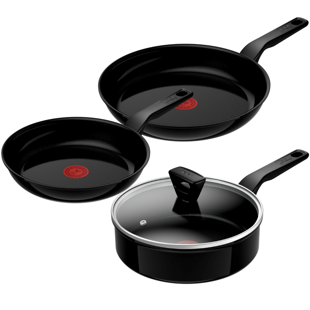 Tefal Renew Black Triple Pack - 24cm & 28cm Non-Stick Ceramic Fry Pans with 24cm Saute Pan - Eco-Friendly Cookware Set for Healthy Cooking - Perfect for Frying, Searing & Sauteing Vegetables, Eggs & Meals
