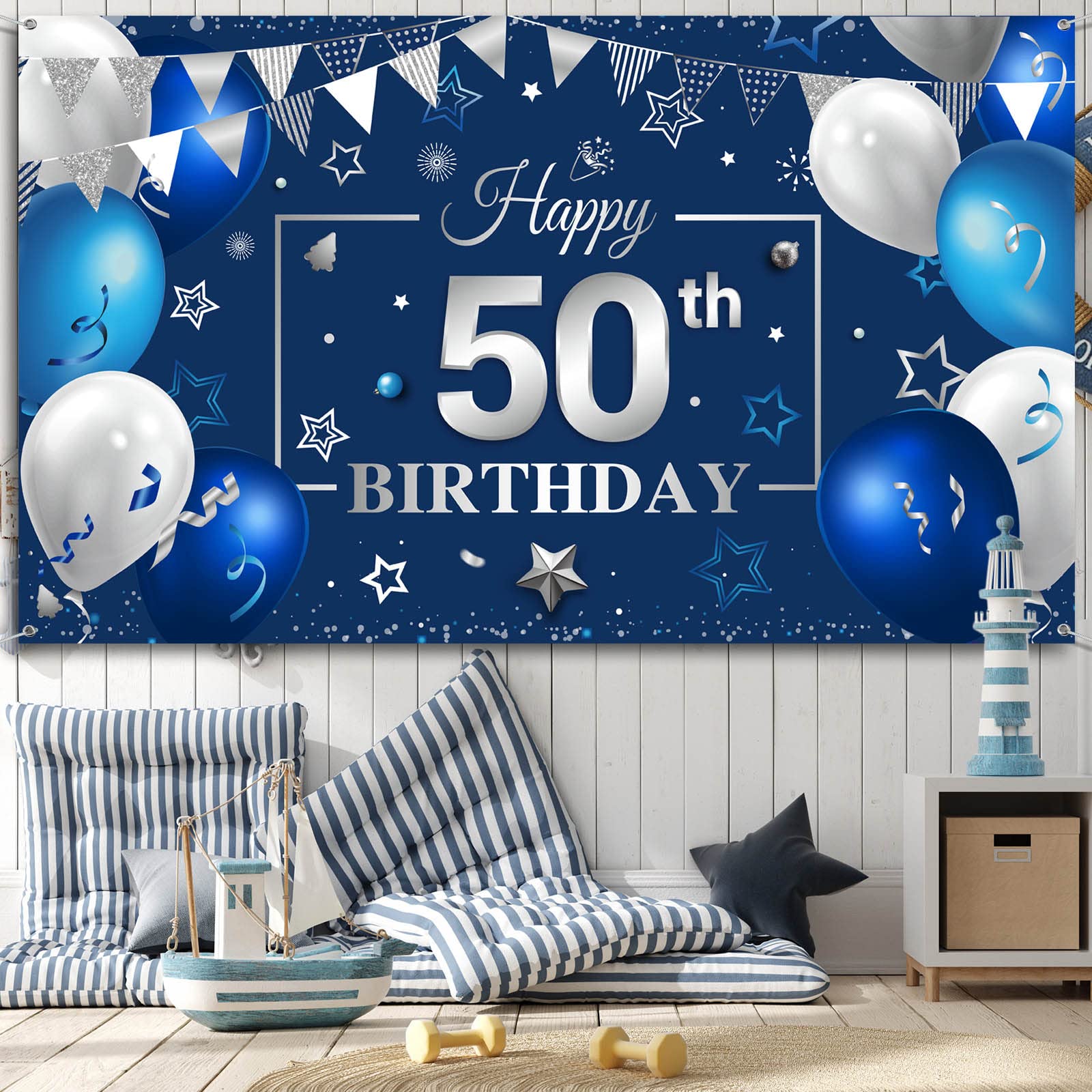 Navy Blue & Silver Happy Birthday Party Backdrop Banner - 50th Birthday Photography Decor for Men & Women, Anniversary Party Photo Props & Supplies - Perfect for Indoor & Outdoor Celebrations, Photo Booths & Social Media Posts