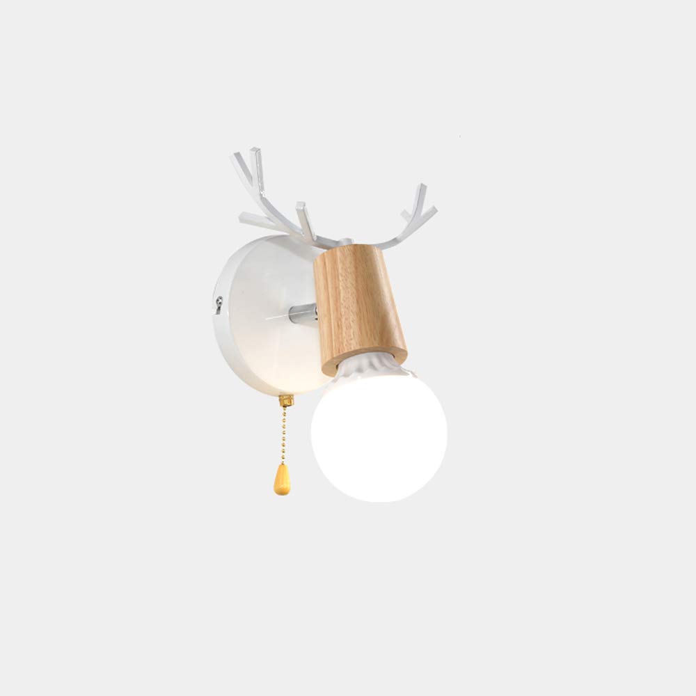 Ganeep Deer Head Solid Wood Wall Sconce - Nordic Style E27 Bedside Lamp for Bedroom, Nursery & Hallway - Dimmable Wall Light with Switch (White) - Perfect for Kids' Rooms, Staircase Lighting & Cozy Ambiance