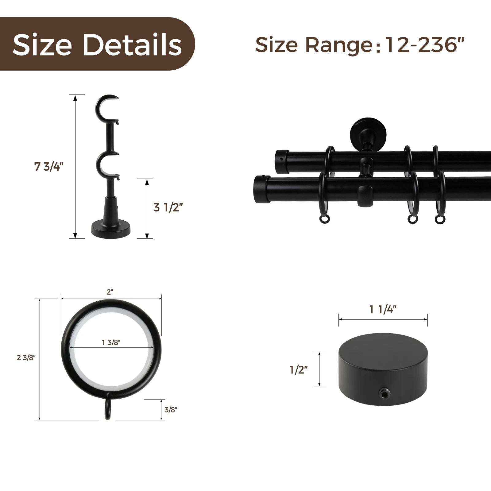 Kelvin Double Window Curtain Rod - Adjustable Tension Rod for Windows, Black Metal Curtain Rod for Home Decor - Perfect for Living Room, Bedroom & Kitchen Windows