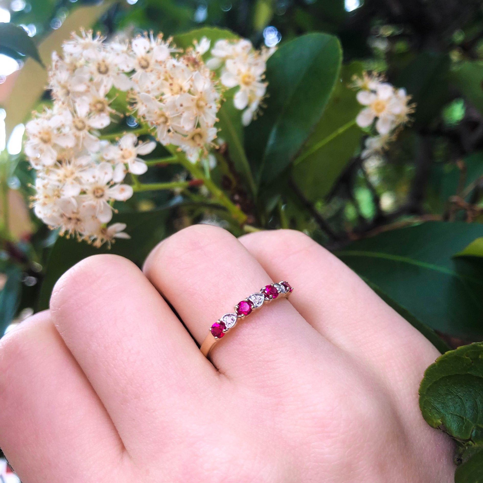 9ct Yellow Gold 4 Created Ruby & 3 Diamond Ring - Elegant Wedding Band, Anniversary Gift for Her, Perfect for Special Occasions & Everyday Wear