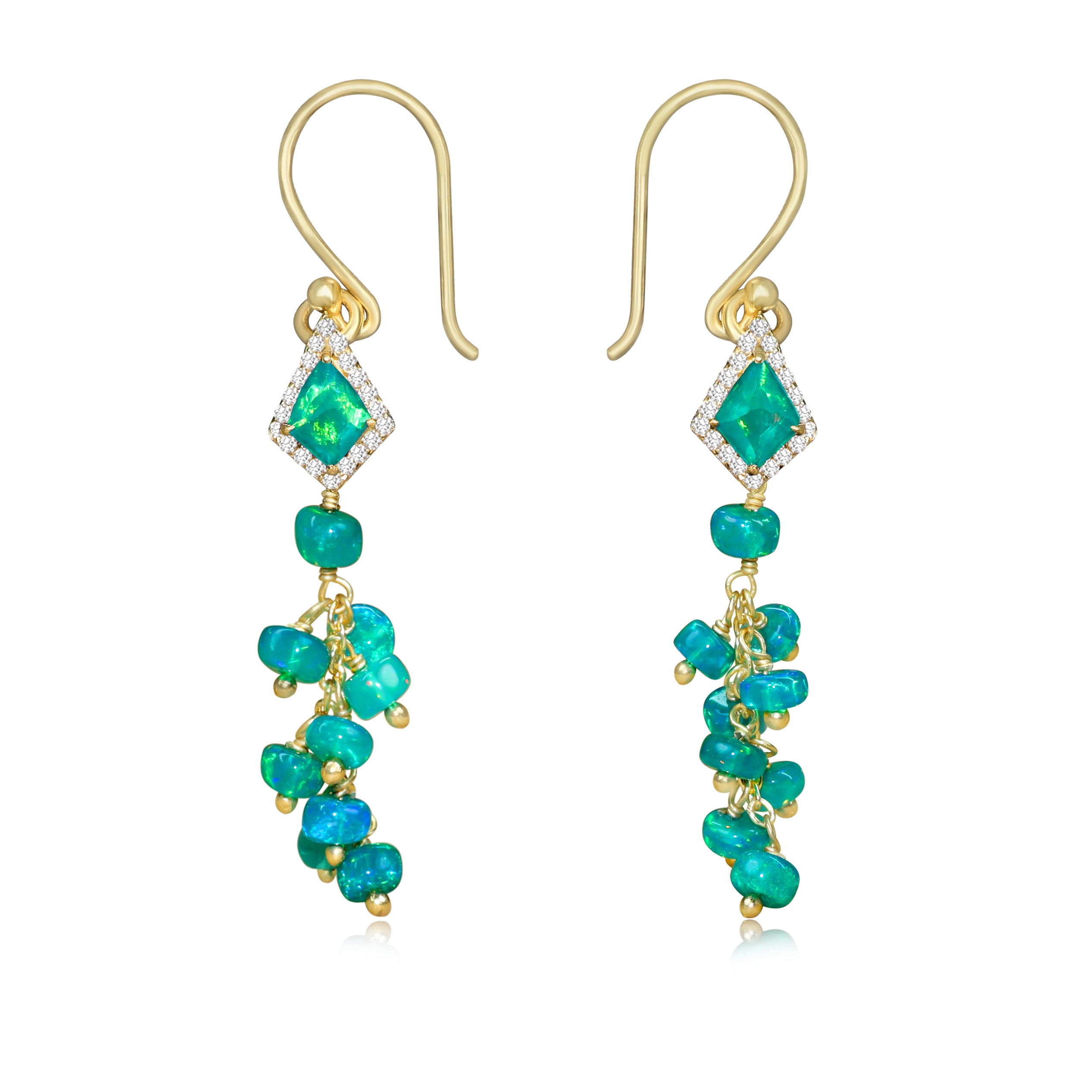Natural Green Opal Smooth Beads 18KT Gold Vermeil White Kite Shape Zircon Earrings for Women | Elegant Boho Jewelry Gift for Birthday, Wedding & Party