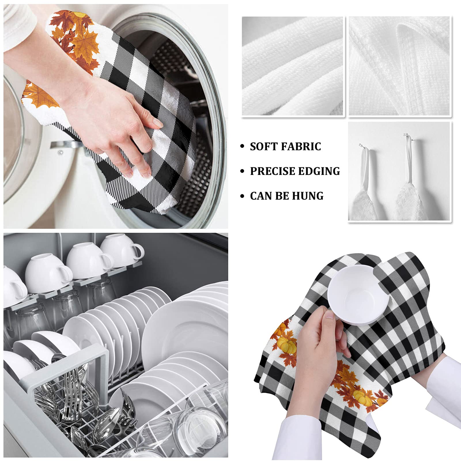 Premium Microfiber Kitchen Towels Set of 2 - Super Absorbent & Quick-Drying Dish Towels (18x28 Inch) for Thanksgiving & Fall Decor - Soft Reusable Cleaning Cloths for Dishes, Countertops & Glassware - Pumpkin Maple Leaf Black White Plaid Design