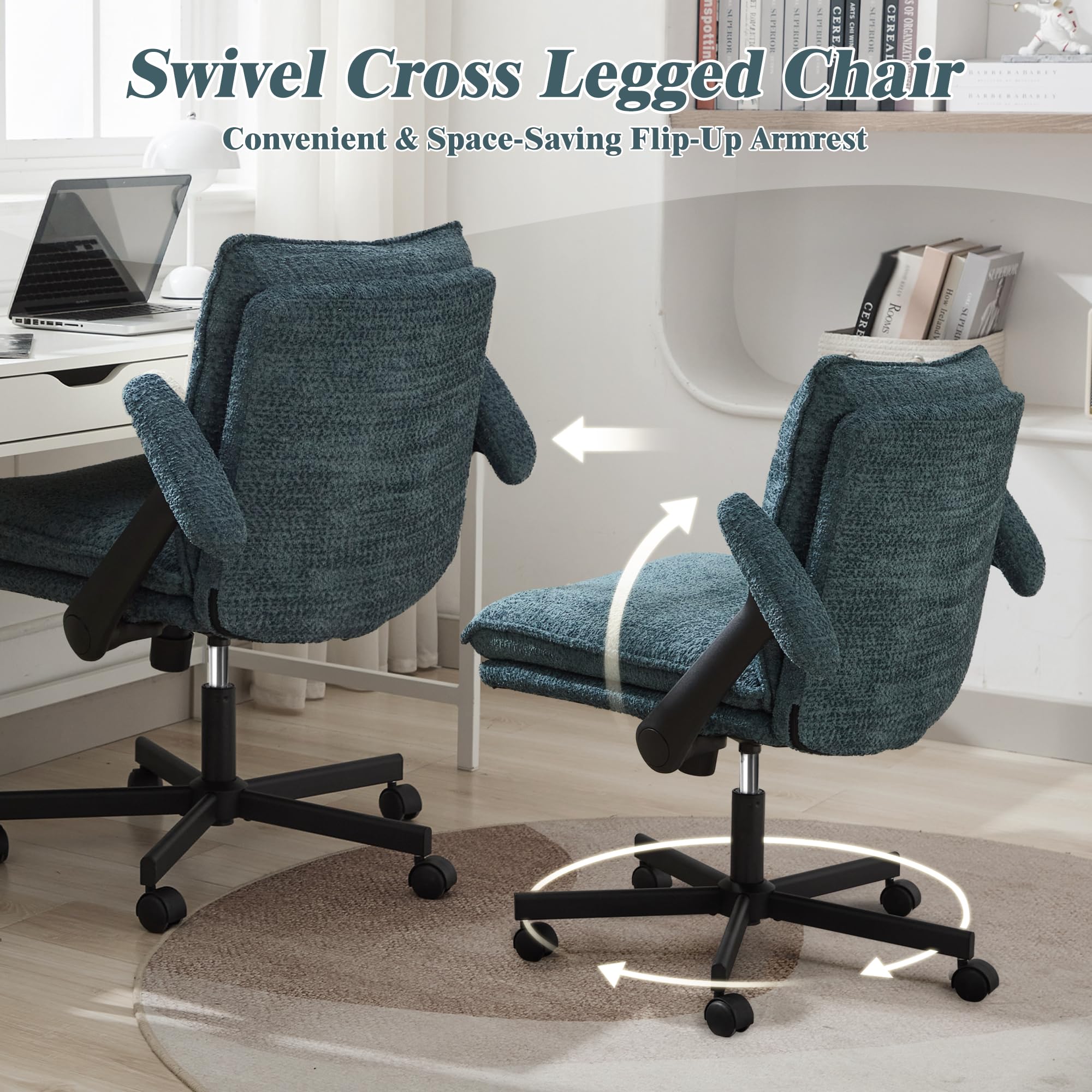 Ergonomic Cross Legged Office Chair with Wheels - Upholstered Criss Cross Desk Chair with Flip-Up Armrests - Wide Seat Home Office Chair for Working, Studying & Vanity - Dark Green Modern Design for Small Spaces & Apartments