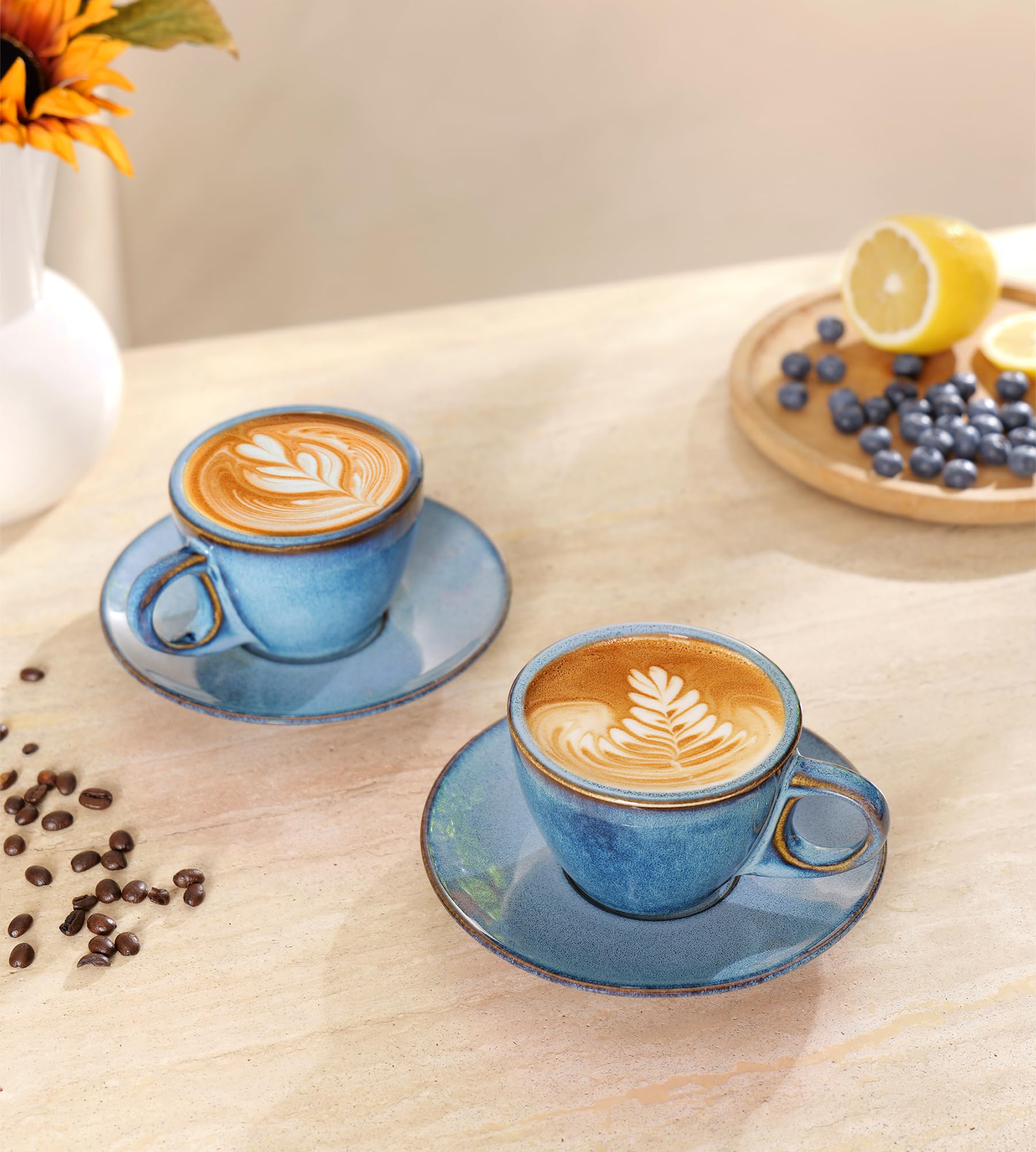 8 Oz Cappuccino Cups Set of 4 - Thick-Walled Insulated Ceramic Coffee Mugs with Saucers & Stand - Porcelain Tea, Latte & Espresso Cups - Perfect for Home Kitchen, Cafe or Office Use - Elegant Blue Design