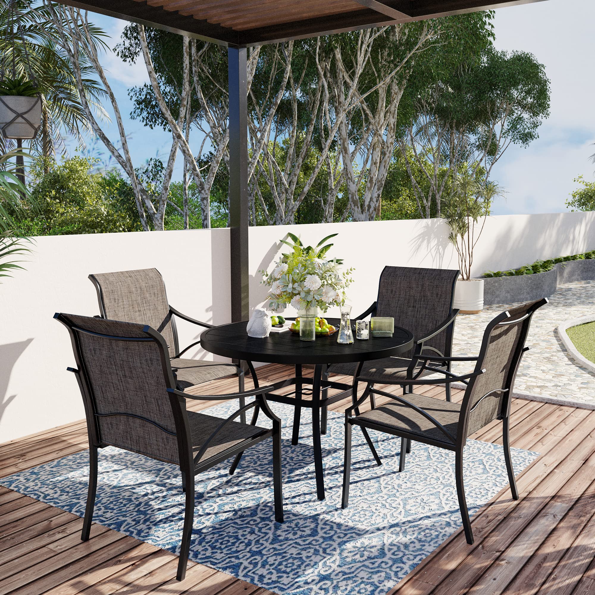 VICLLAX 42 Inch Round Outdoor Patio Dining Table - Metal Slatted Tabletop with Adjustable Umbrella Hole - Weather-Resistant Black Garden Table for Deck, Lawn, Backyard | Perfect for BBQ Parties, Poolside Dining & Outdoor Entertaining