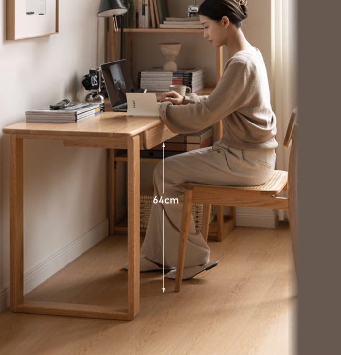 Solid Oak Wood Office Desk with Single Leg & Built-in Bookshelf - Modern Home Office Furniture for Work and Study