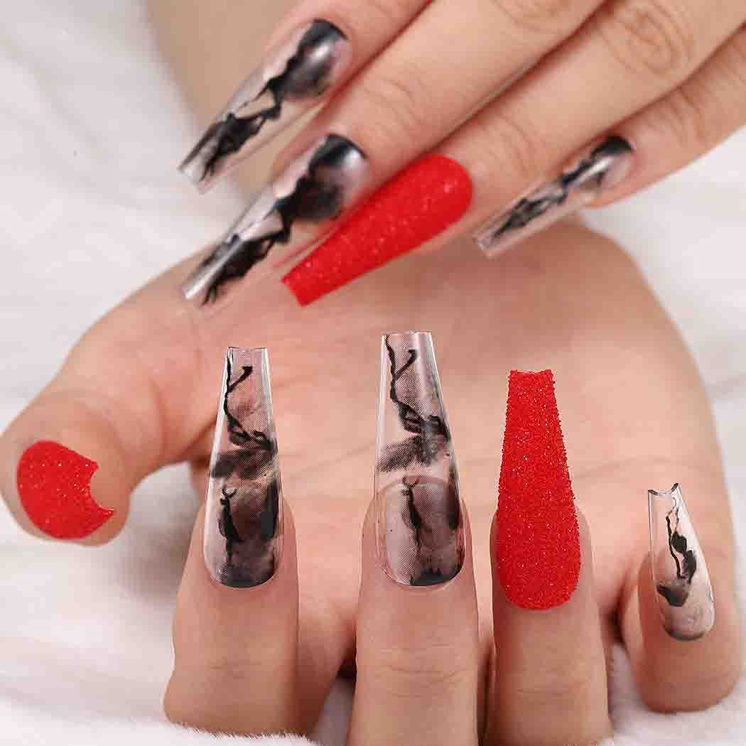 24Pcs Extra Long Press on Nails - Glossy Acrylic Coffin Ballerina Fake Nails with Smoke Pattern Red & Black Designs, Full Cover Artificial Nails for Women & Girls | Perfect for Parties, Halloween, Cosplay & Special Occasions