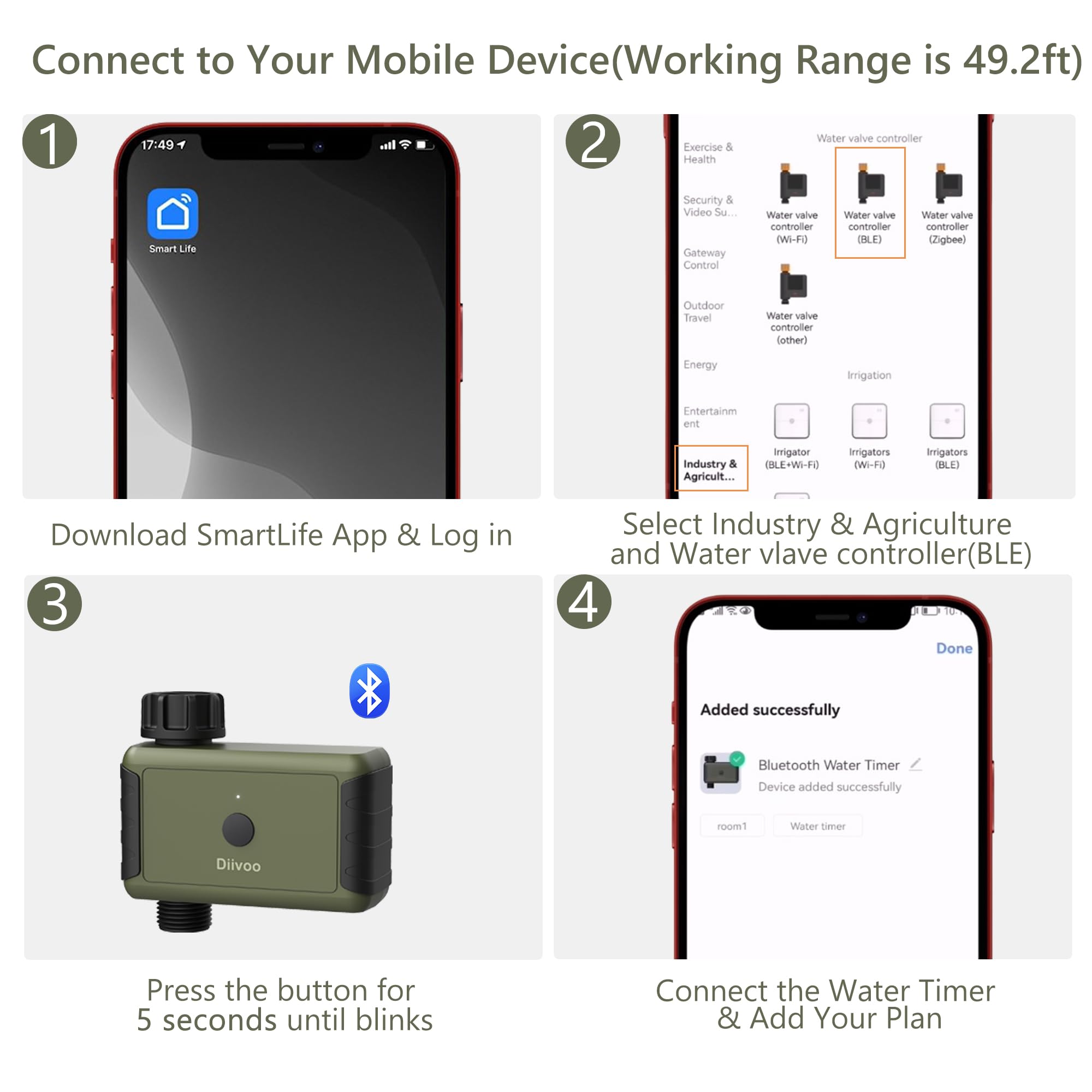 Diivoo Smart Bluetooth Water Timer for Garden Hose - Automatic Sprinkler Irrigation Timer with Custom Timing, Frequency & Rain Delay - 49.2ft Wireless Range - Perfect for Lawn, Garden, Pool & Outdoor Plant Watering System