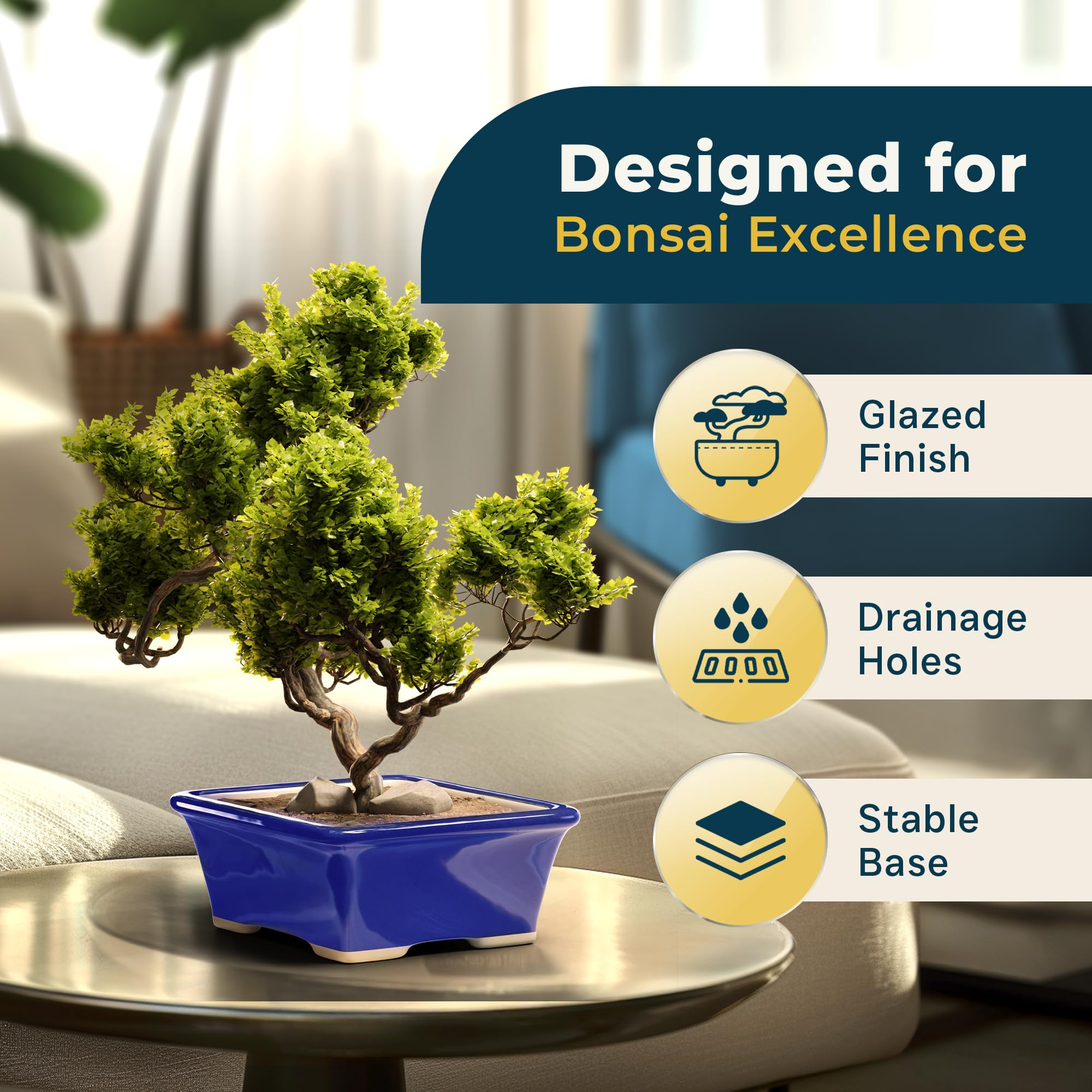 Blue Glazed Ceramic Bonsai Pot - Rectangular Succulent Planter for Small Plants - Indoor & Outdoor Garden Decor for Tables, Desks, and Home Office Spaces - Perfect for Zen Gardens, Terrariums, and Modern Plant Displays
