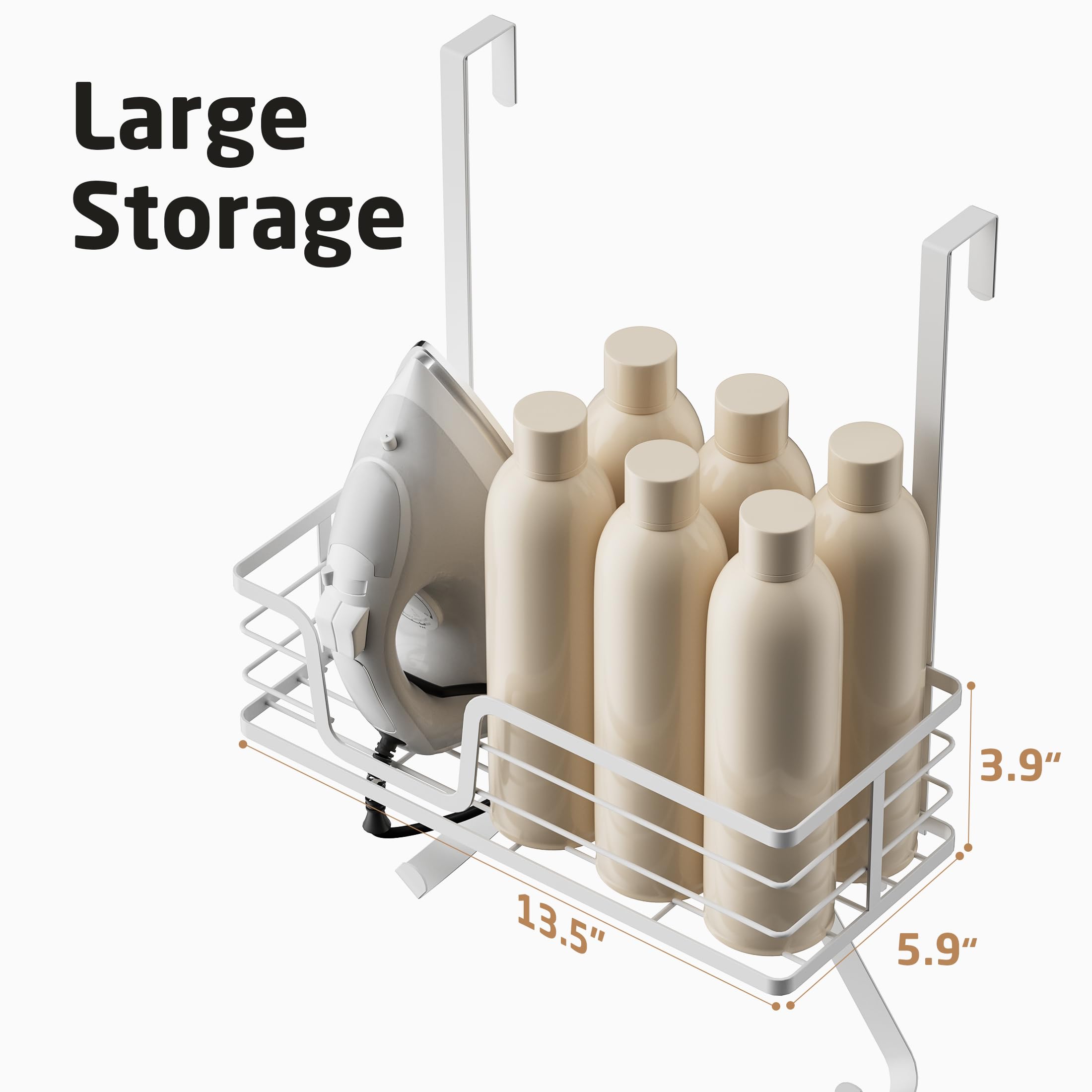 Over The Door Ironing Board Holder - White Ironing Board Hanger with Storage Shelf for 1-3/8