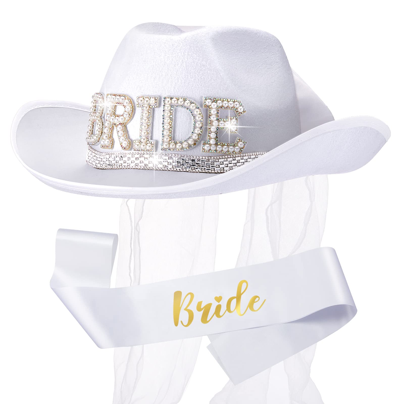 SATINIOR White Cowgirl Hat with Veil - Bridal Cowboy Hat with Bride Sash for Bachelorette Party, Country Wedding, Bridal Shower & Engagement - Perfect for Western Themed Weddings, Photo Shoots & Country Style Celebrations