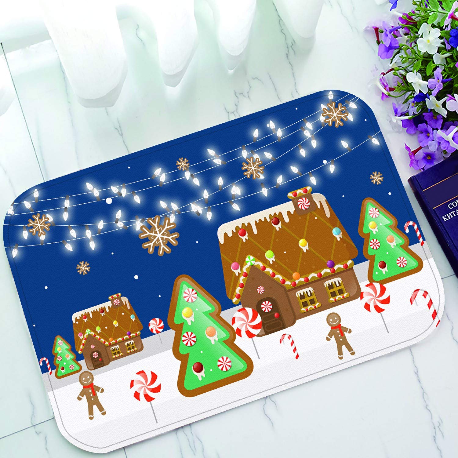 ECZJNT Gingerbread Village Welcome Doormat - Non-Slip Bath Rug & Entrance Floor Mat (23.6x15.7 Inch) - Perfect for Christmas Decor, Front Door, Kitchen & Bathroom