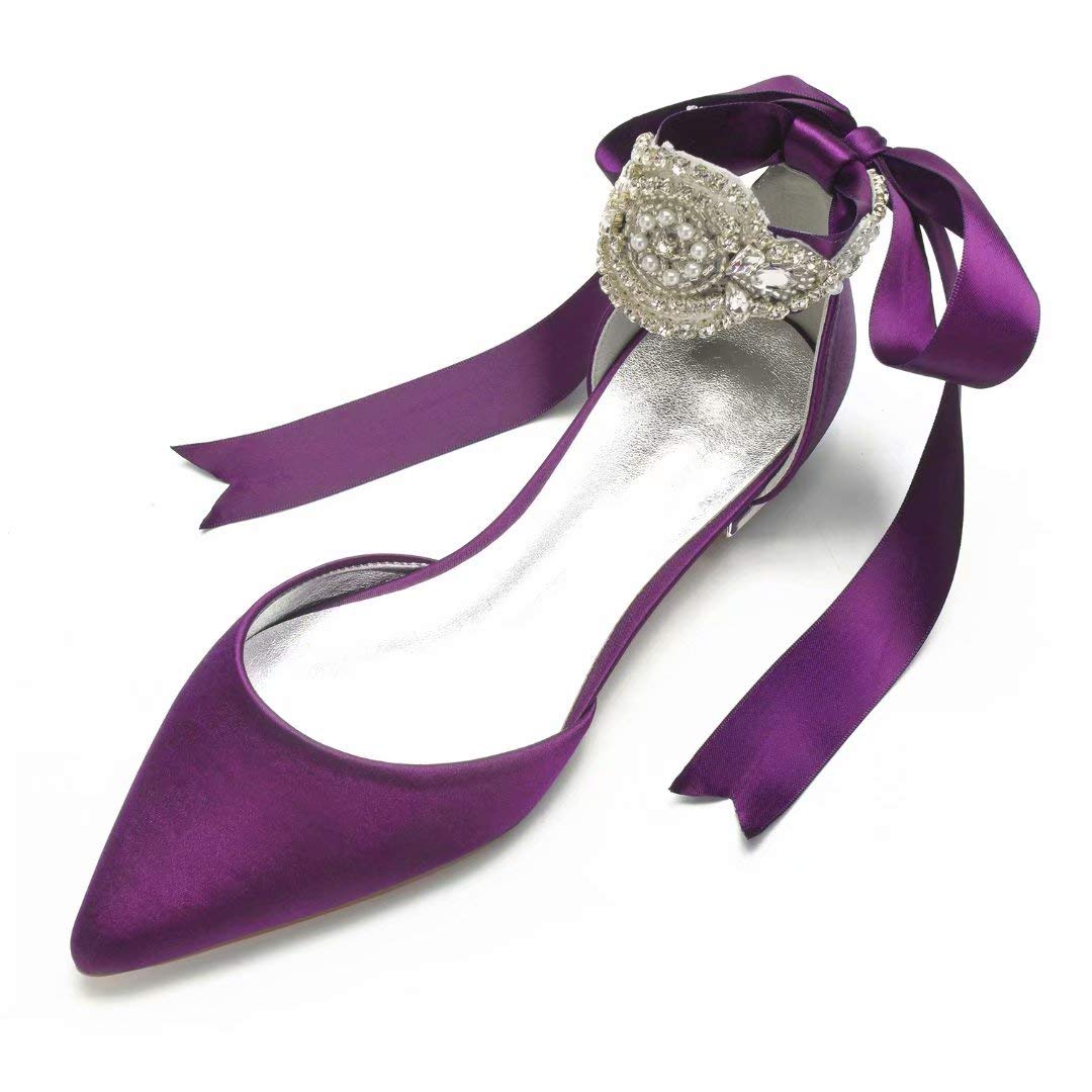 Satin Crystal Wedding Flats for Bride - Pointed Toe Ribbon Tie Party Dress Shoes for Women - Perfect for Bridal Showers, Receptions & Formal Events (Style 5047-69)