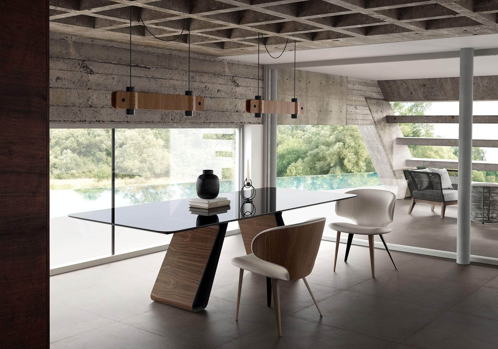 Wembley Rectangular Dining Table - Graphite Glass & Walnut Finish - Modern Kitchen & Dining Room Furniture for Family Gatherings & Dinner Parties