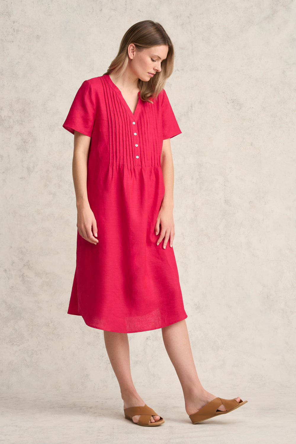 Elegant Pleated Front French Linen Dress in Rouge - Perfect for Summer Weddings, Garden Parties & Casual Outings