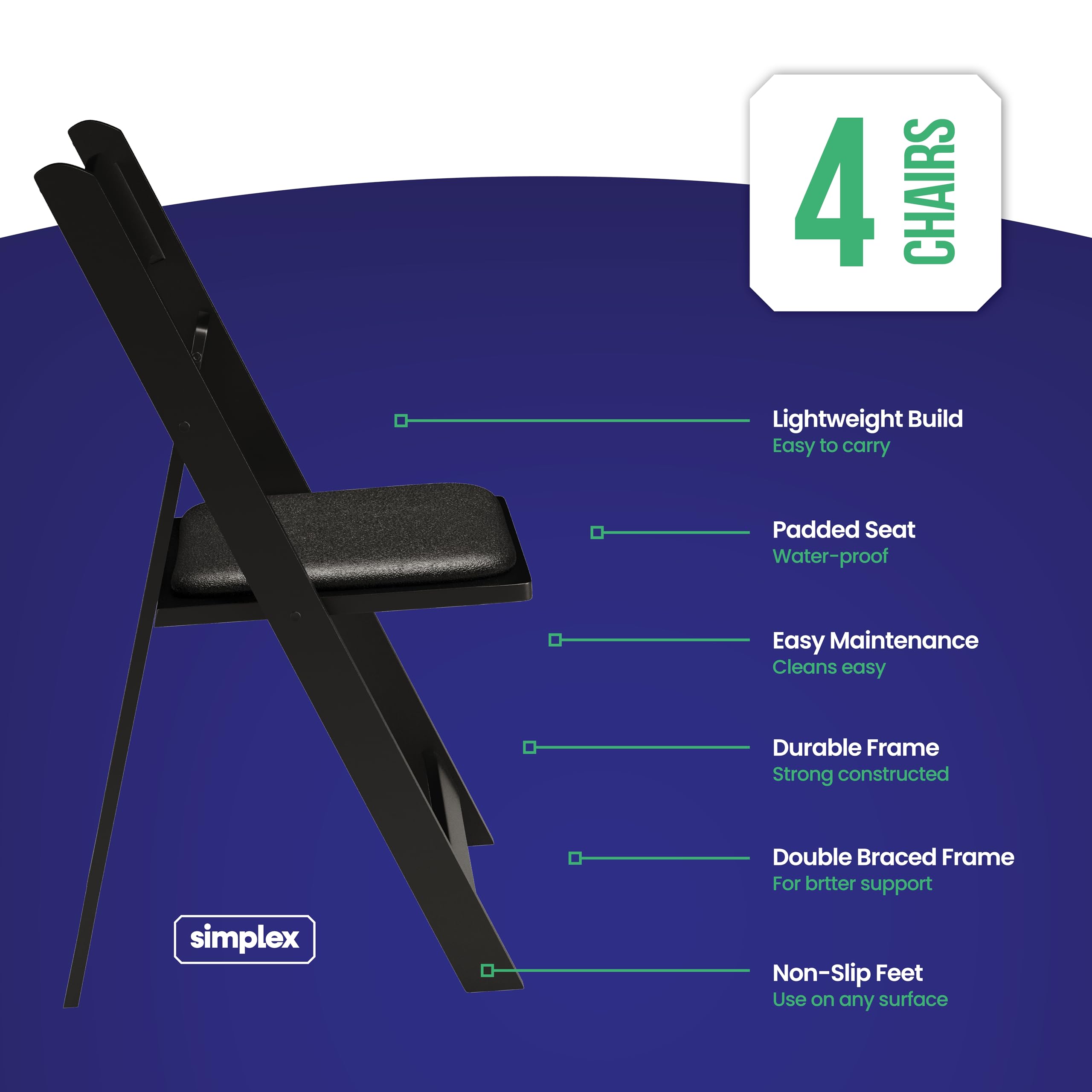**SIMPLEX 4-Pack Black Resin Stackable Folding Chairs with Padded Seats - Comfortable & Lightweight Foldable Chairs for Indoor/Outdoor Use - Perfect for Parties, Weddings, Picnics & Events**