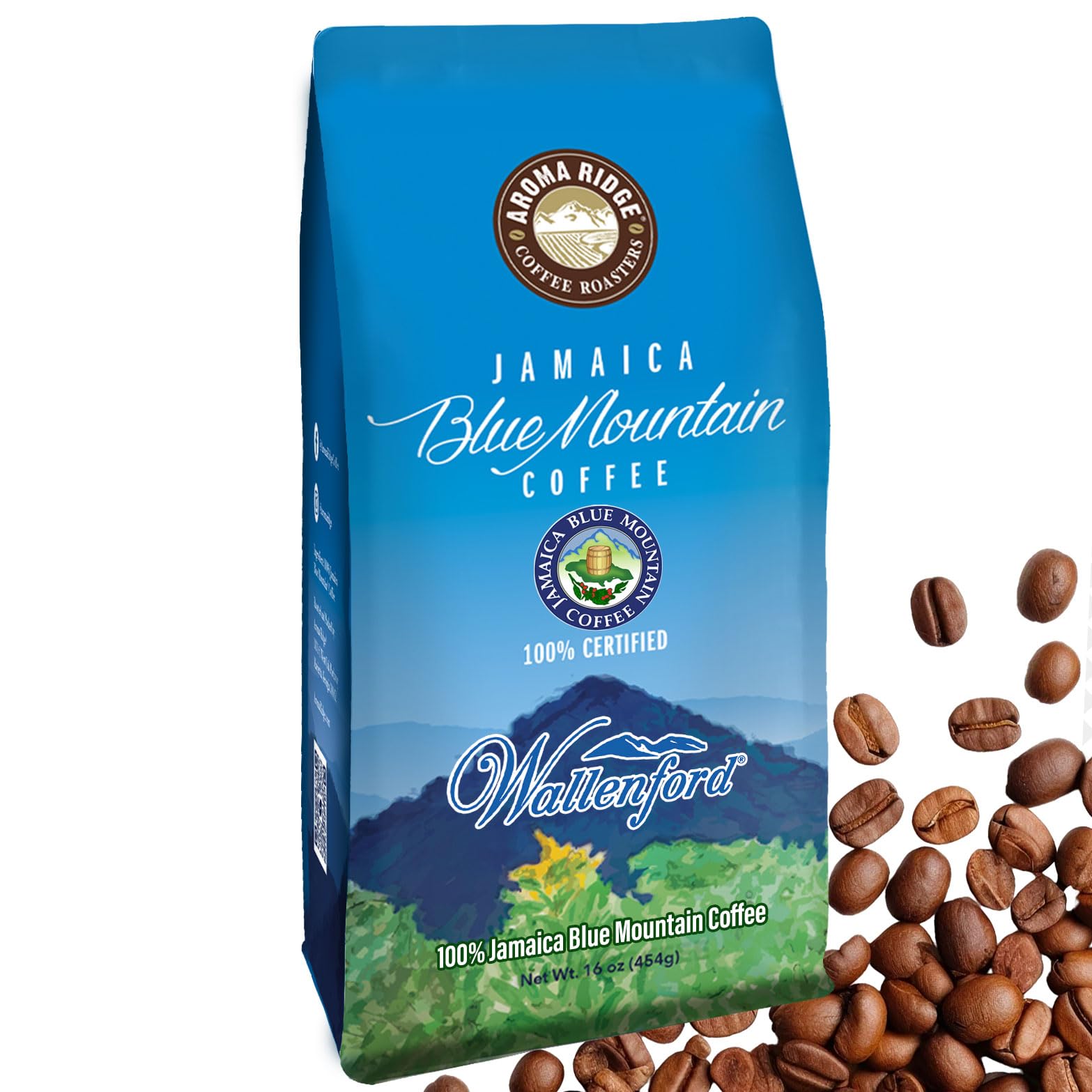 Premium Jamaica Blue Mountain Coffee - 100% Authentic Whole Bean, Medium Roast, Grade 1 Certified | Smooth Milk Chocolate Notes | Perfect for Home Brewing, Office Use & Gourmet Gifting | Aroma Ridge 1 LB Pack
