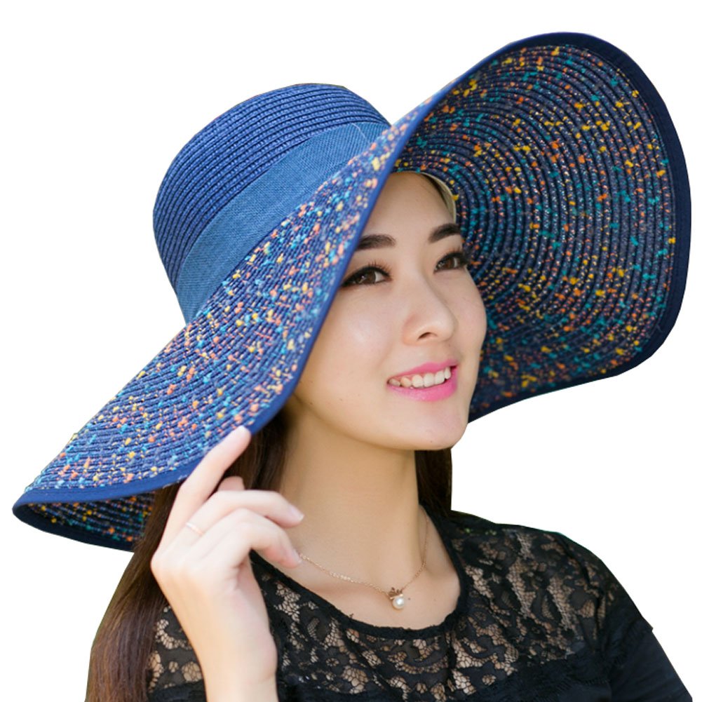Stylish Black & Navy Polka Dot Sun Hat for Women & Girls - Foldable Wide Brim Beach Hat for Summer, Travel, and Outdoor Activities