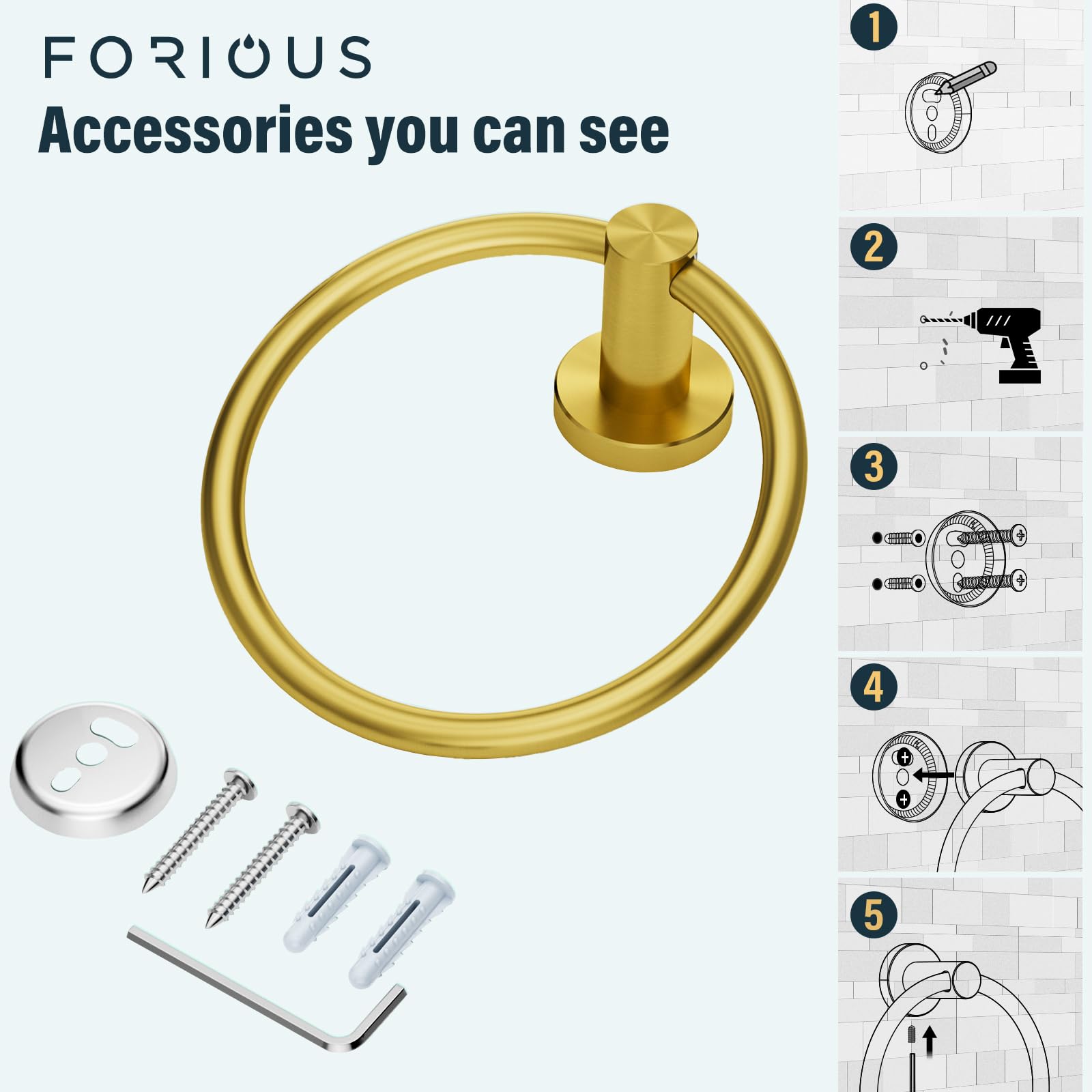 FORIOUS Stainless Steel Towel Ring Holder - Modern Dark Gold Bathroom Towel Rack - Wall Mounted SUS304 Round Towel Hanger for Bath, Kitchen, RV - Perfect for Spa, Guest Bath & Luxury Home Decor