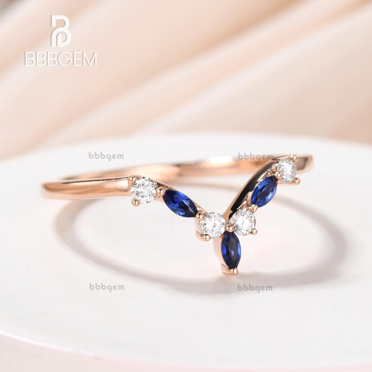 Rose Gold Diamond Sapphire Wedding Band - Curved V-Shaped Matching Ring Set for Women | Elegant Bridal Jewelry for Engagement, Anniversary & Special Occasions