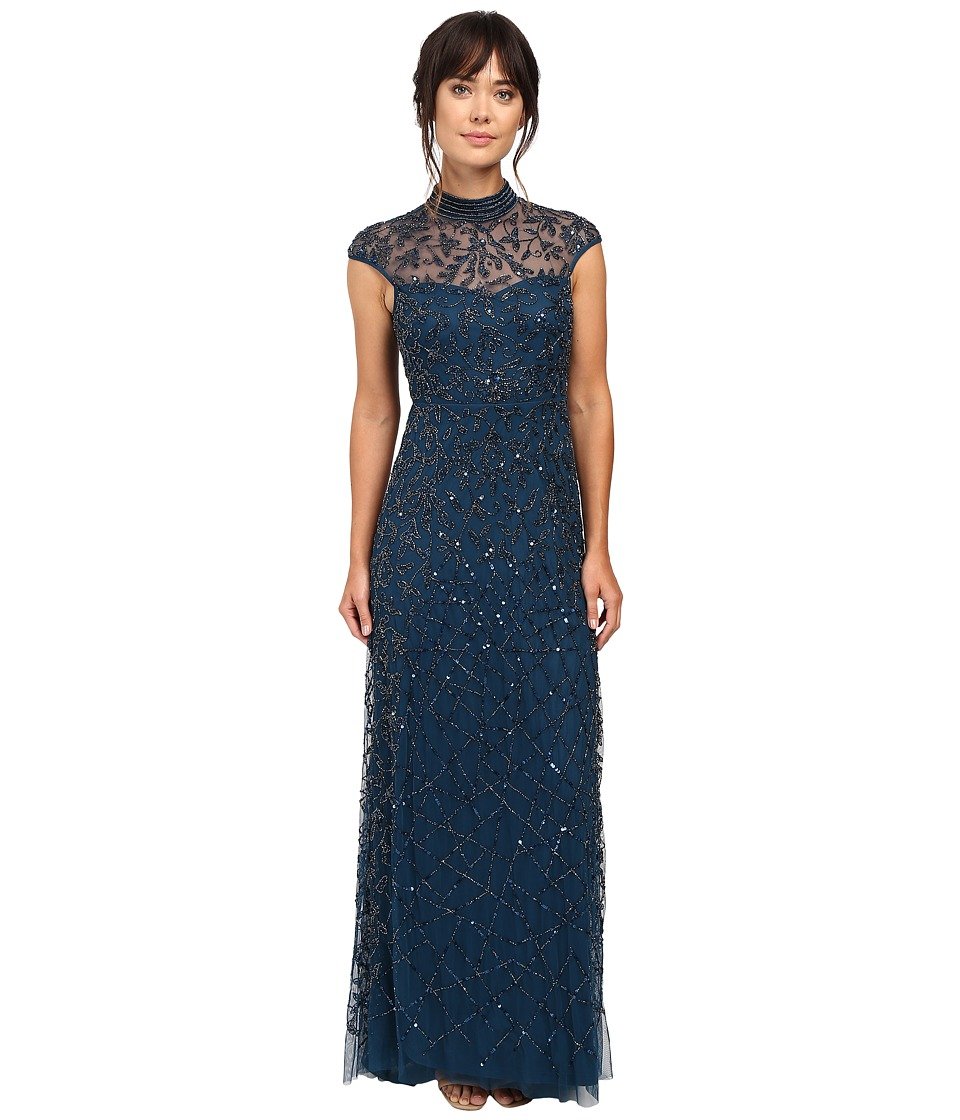 Adrianna Papell Women's Elegant Cap Sleeve Beaded Funnel Neck Evening Gown - Perfect for Prom, Black Tie Events & Formal Occasions
