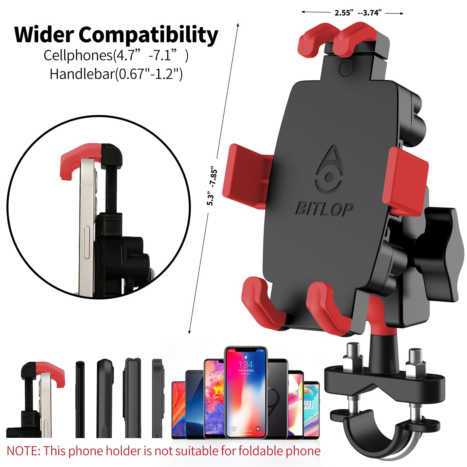 Universal Motorcycle Phone Mount Holder with Vibration Dampener - 360° Adjustable Bike Phone Stand for 4.7”-7.1” Smartphones, Super Stable Nylon & Silicone Handlebar Mount (Red) - Perfect for Road Trips, Commuting & GPS Navigation