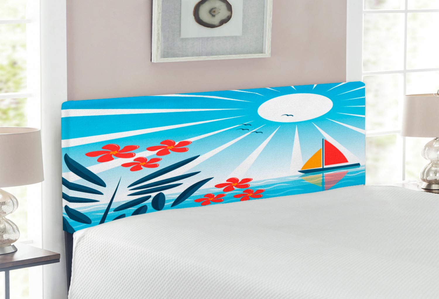 Ambesonne Nautical Upholstered Headboard - Full Size Blue Orange White Sailing Boat Design with Memory Foam - Coastal Bedroom Decor for Beach House or Nautical Theme Bedroom