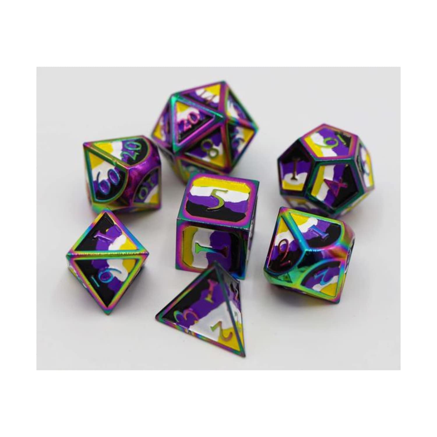 Foam Brain Games Metal Poly Dice Set - Non-Binary Pride 7-Piece Set for Tabletop RPGs, D&D, and Board Games